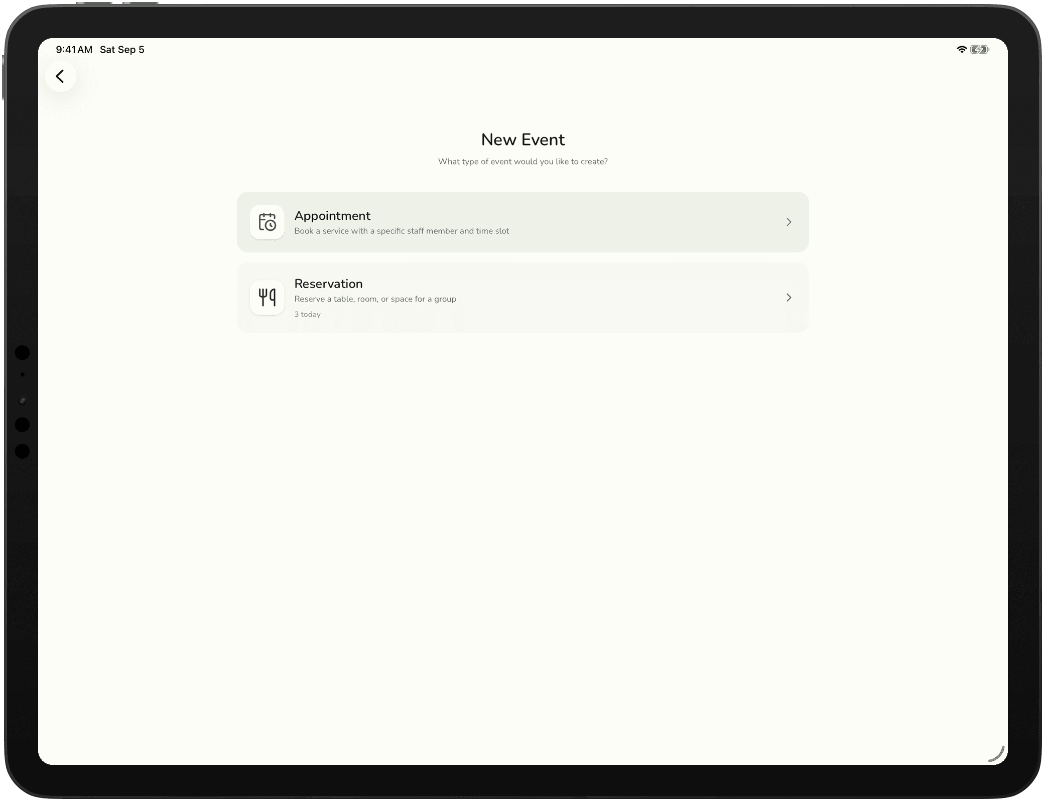 The new booking type chooser