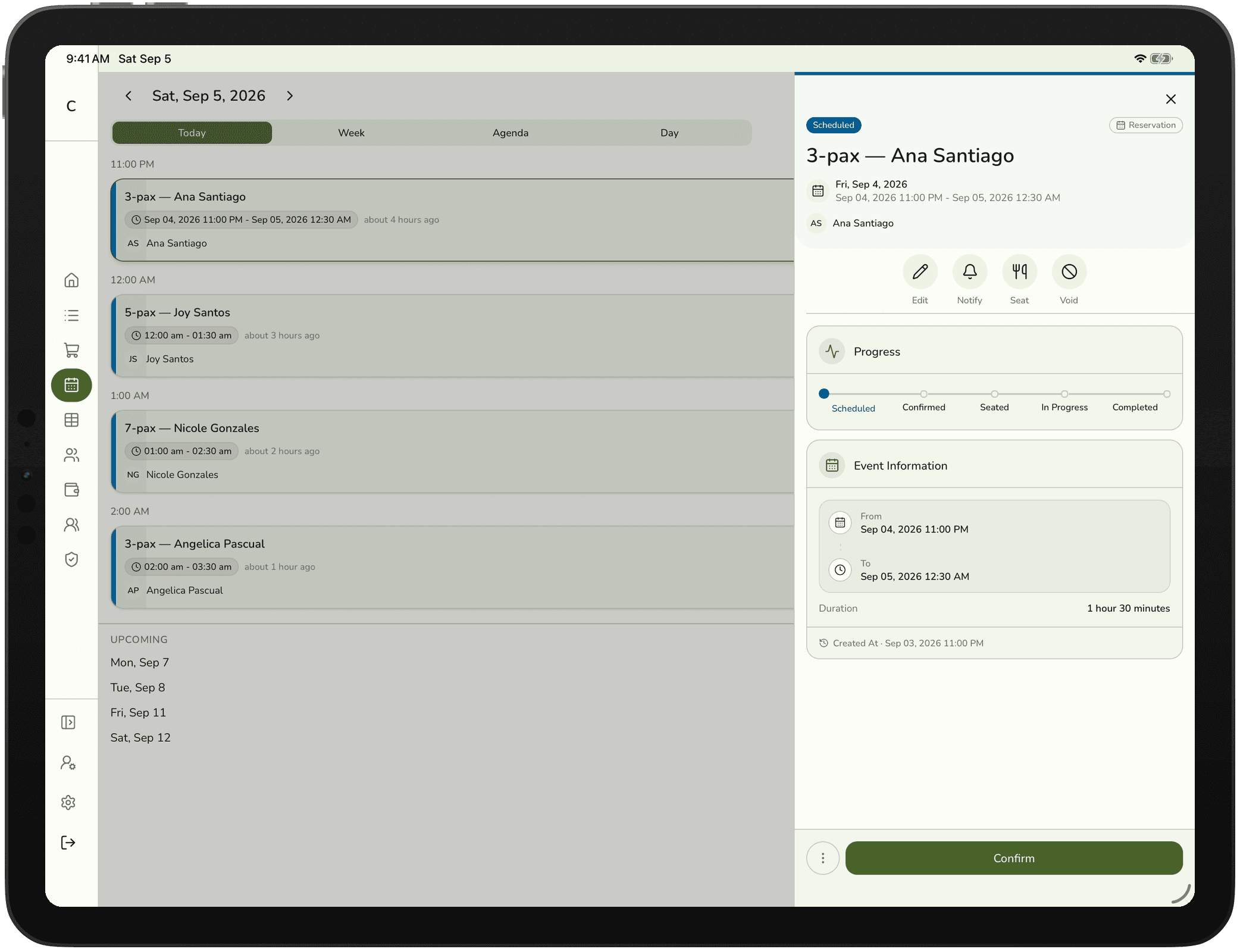 The booking details panel