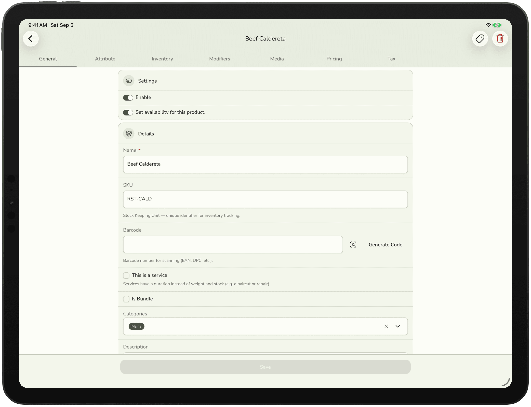 The product edit form, general tab