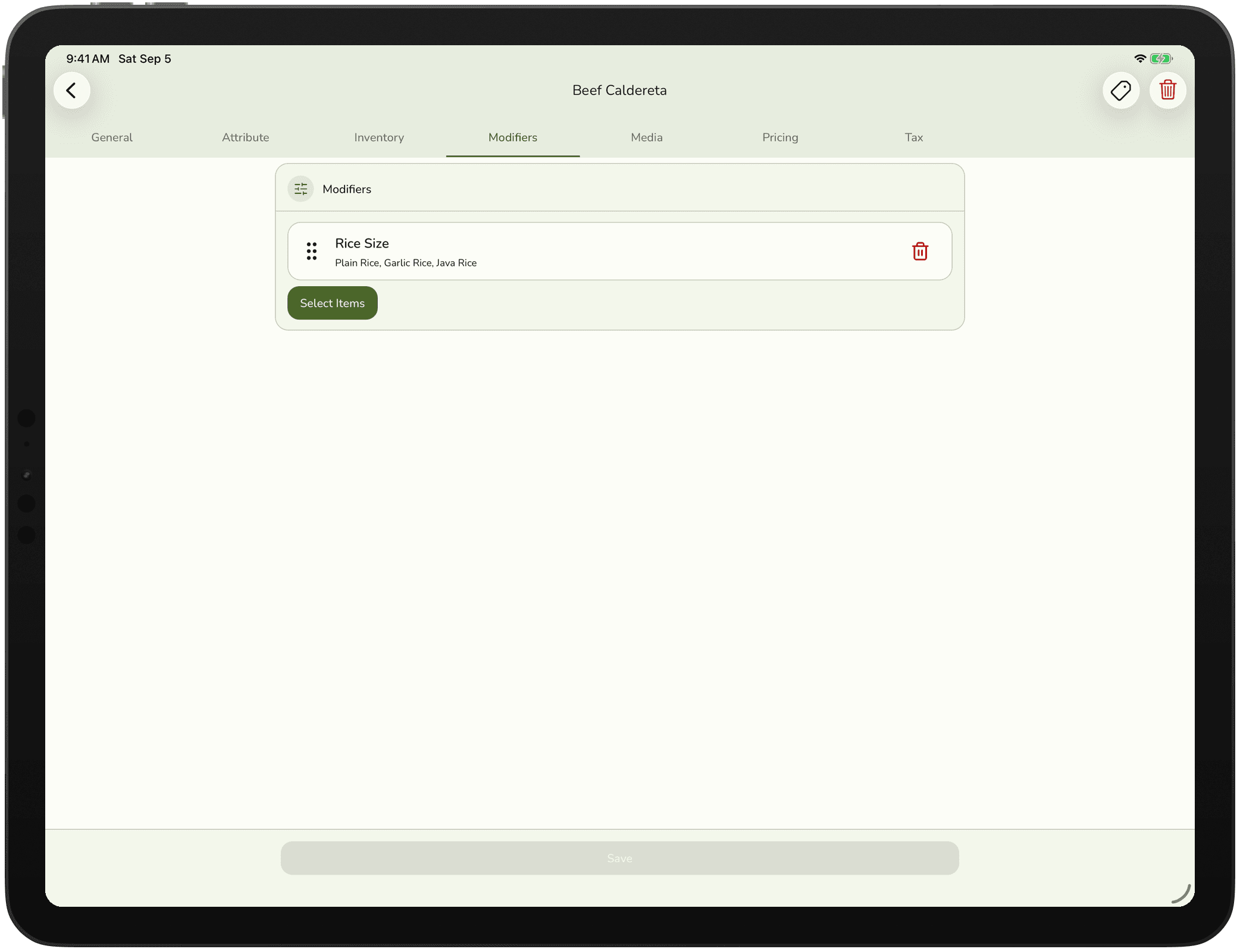 The product edit form, modifiers tab