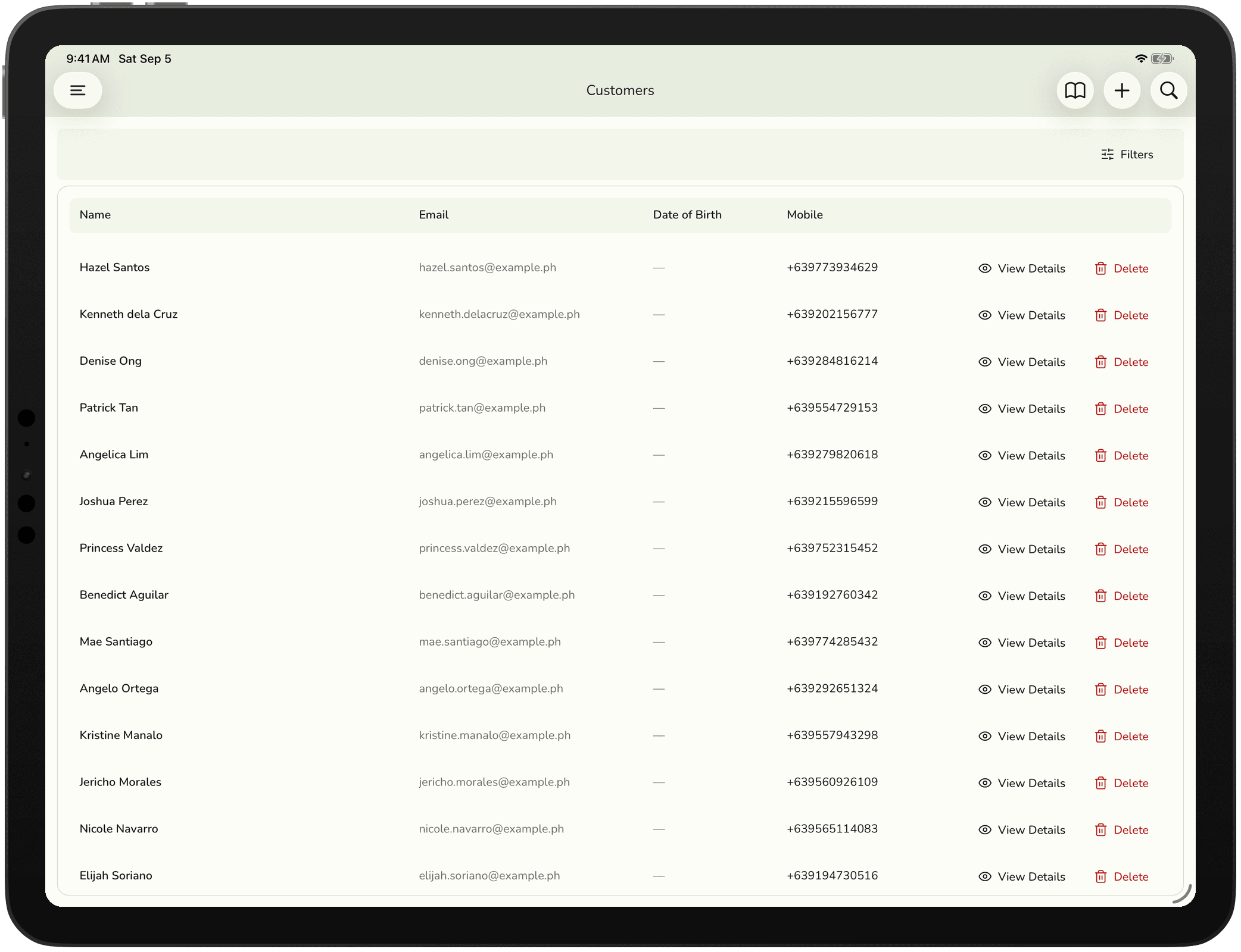 The customers list