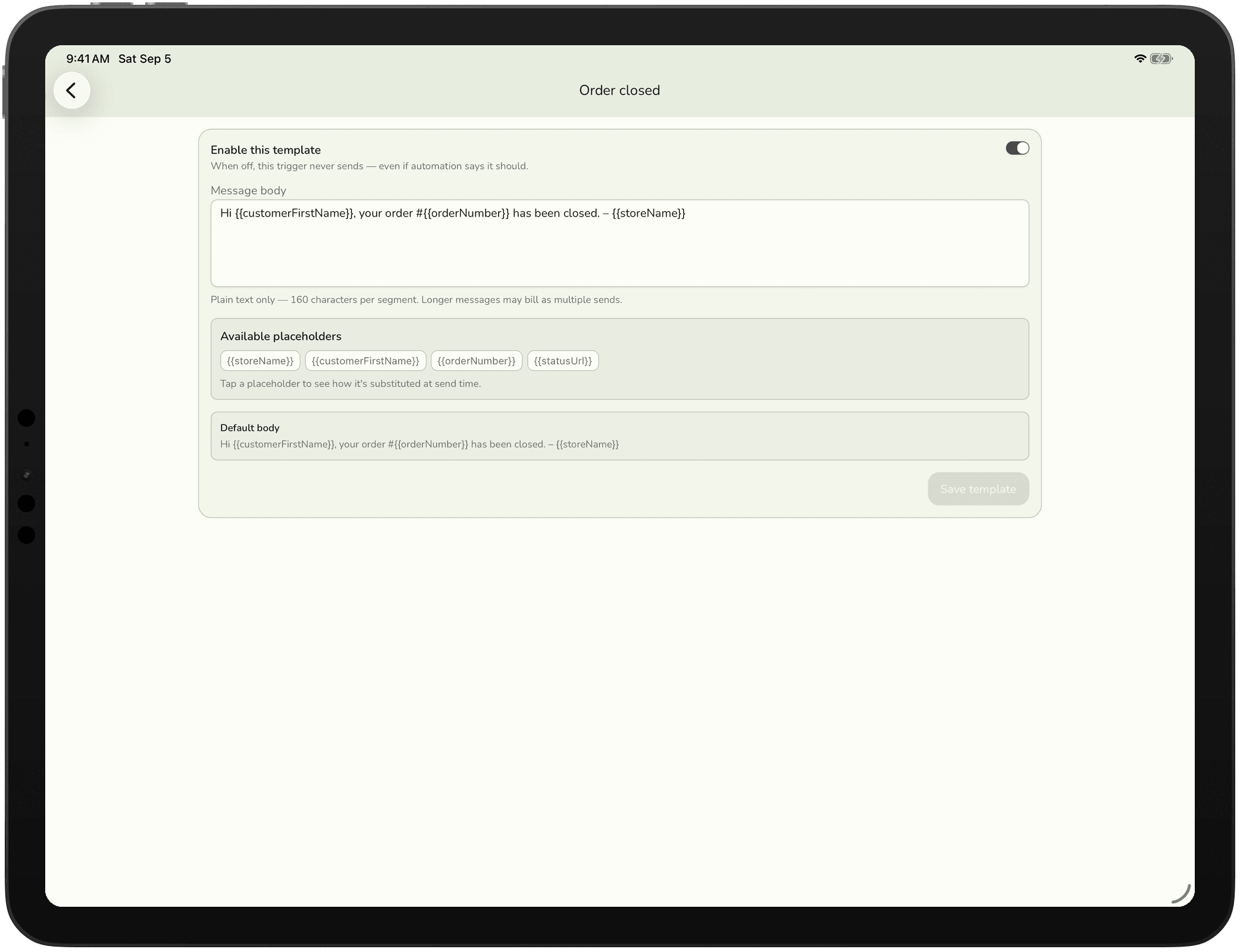 The SMS template editor