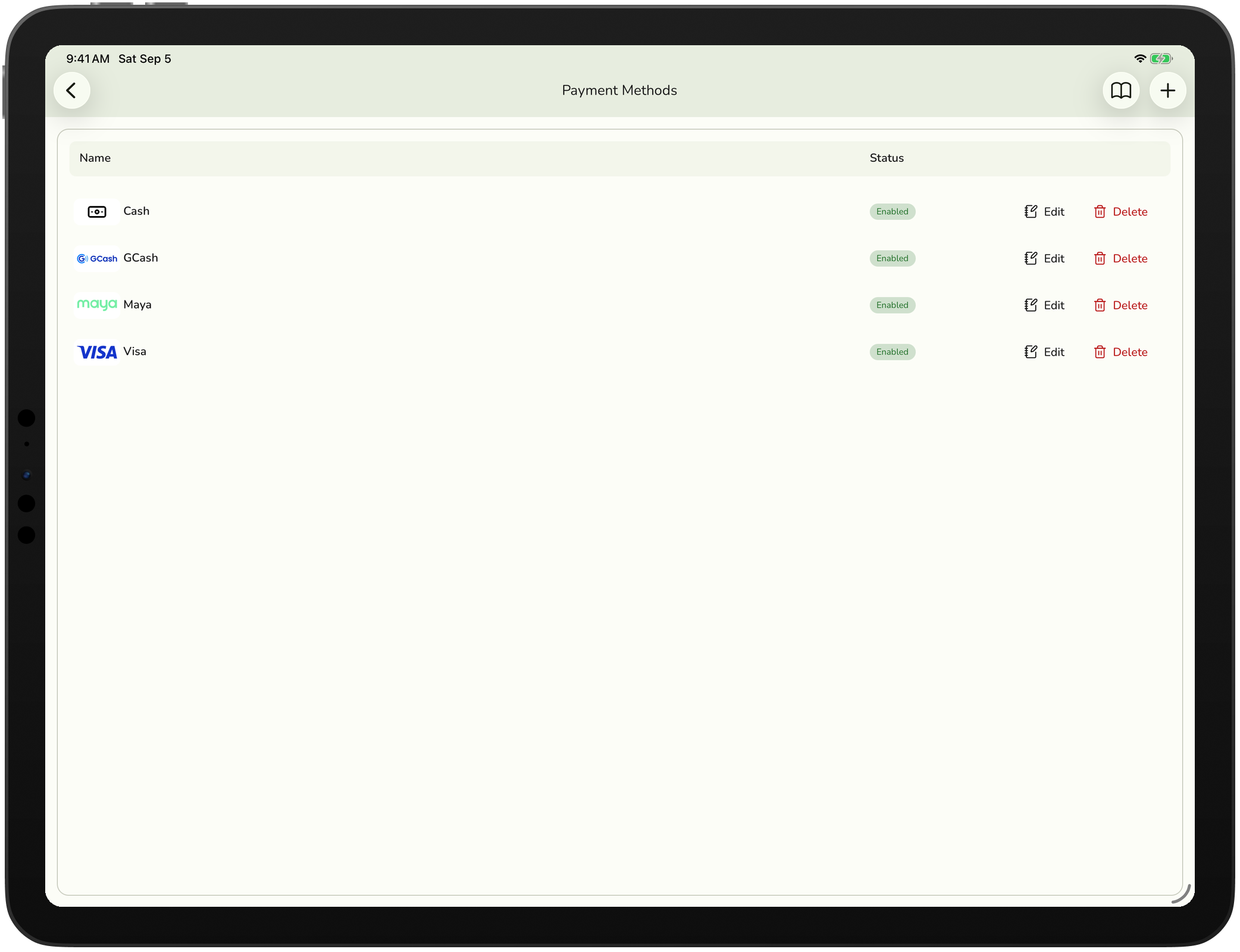 The payment methods list