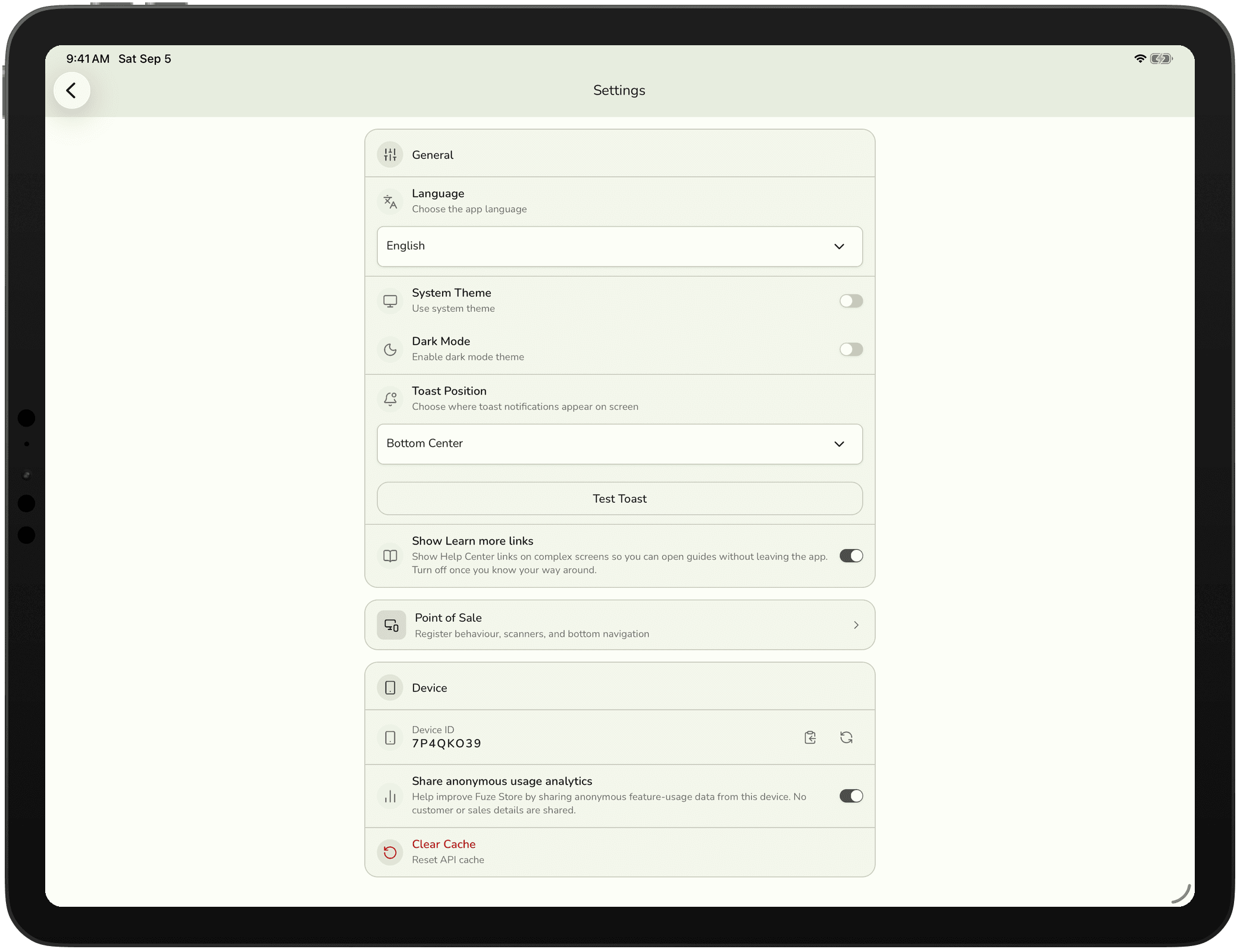 The app settings screen