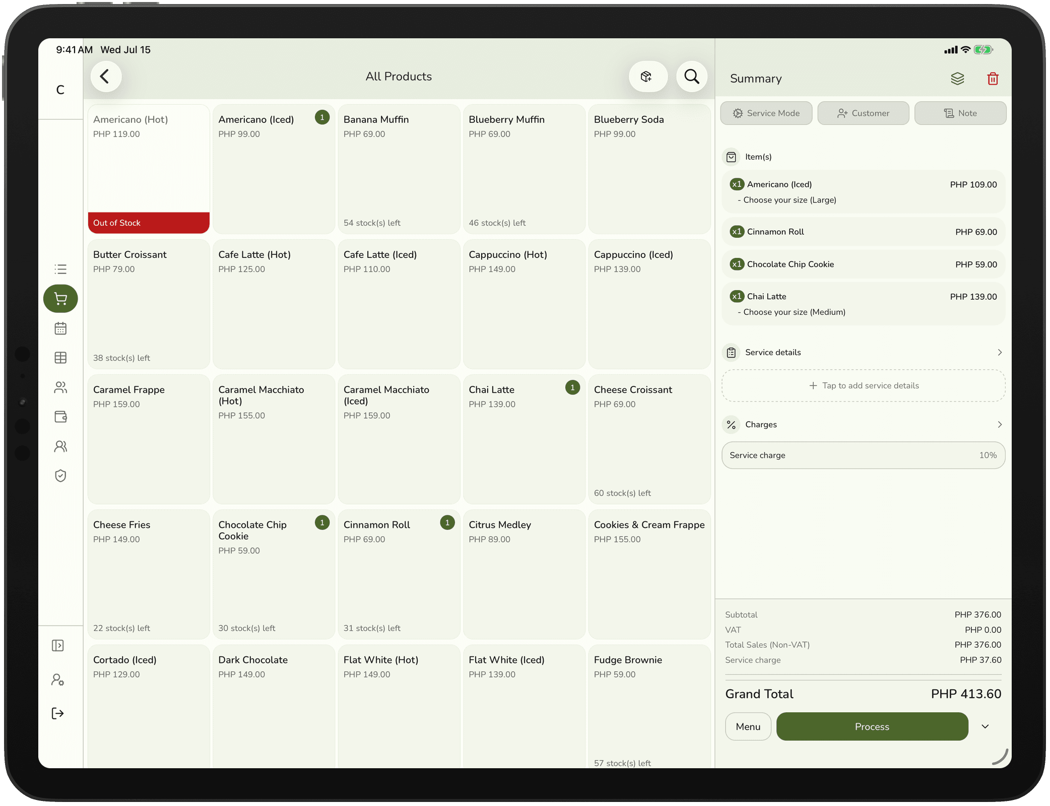 The register grid with items in the cart summary