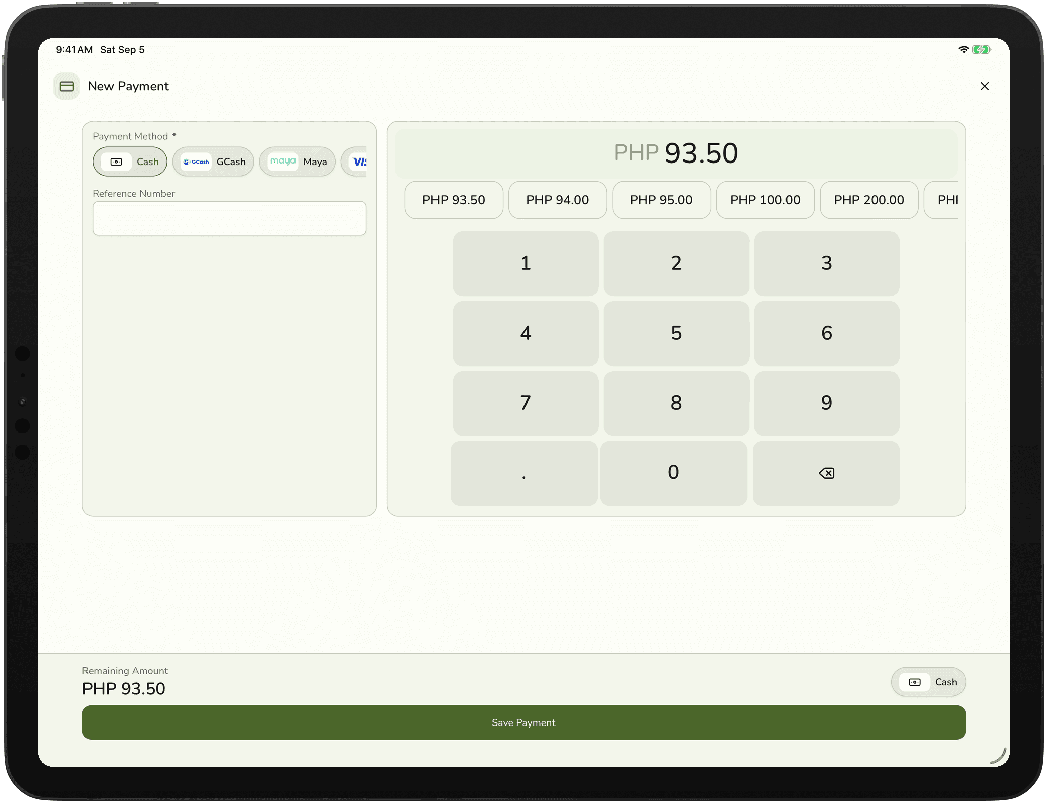 The payment screen with tender buttons and a keypad