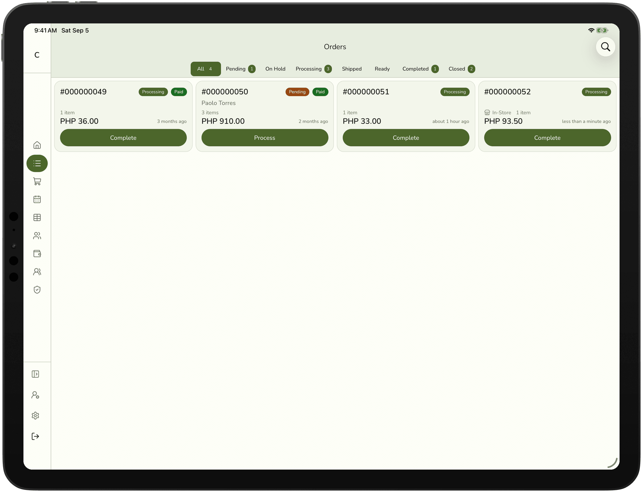 The orders list with status filters