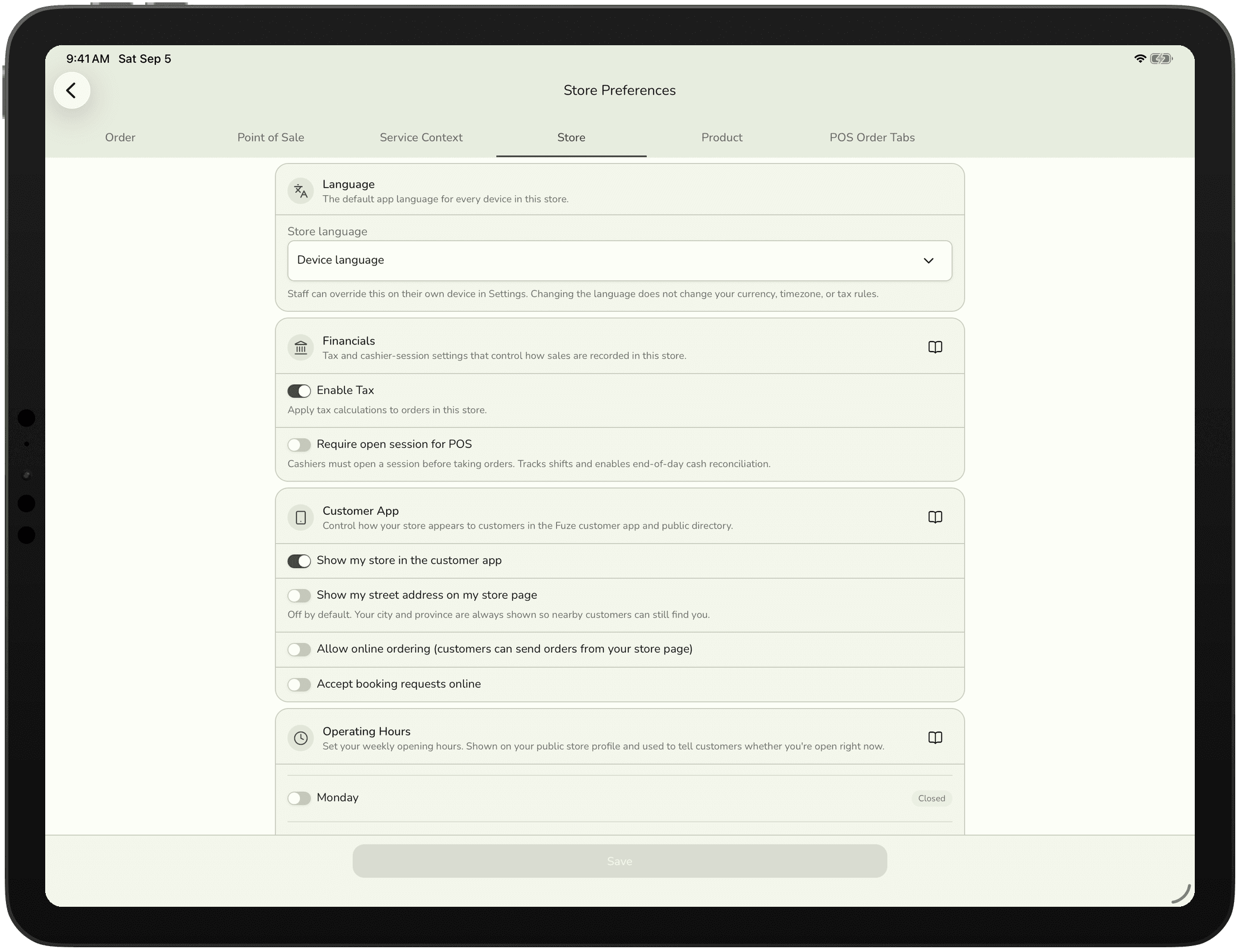 The store preferences, Storefront section