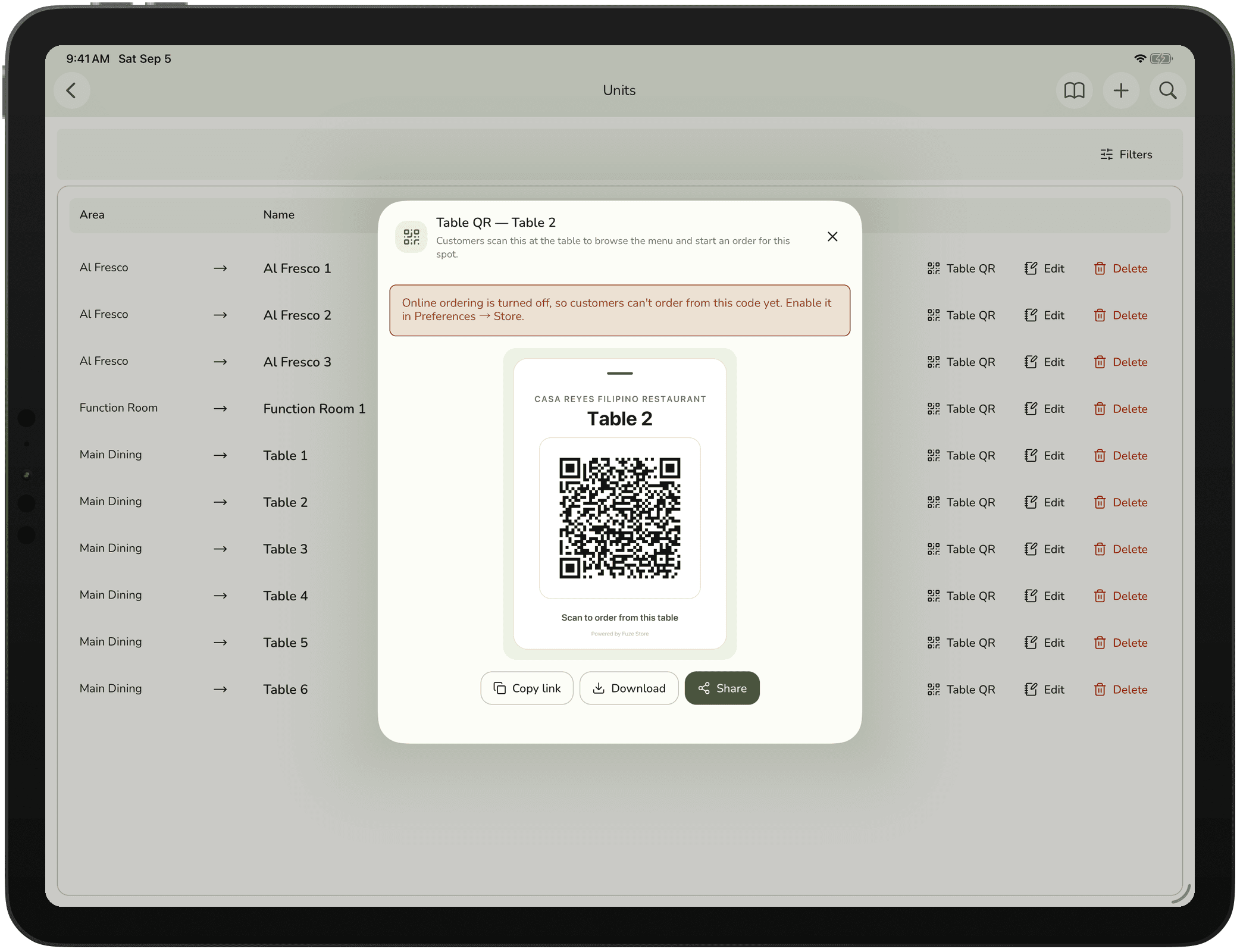 The table QR dialog