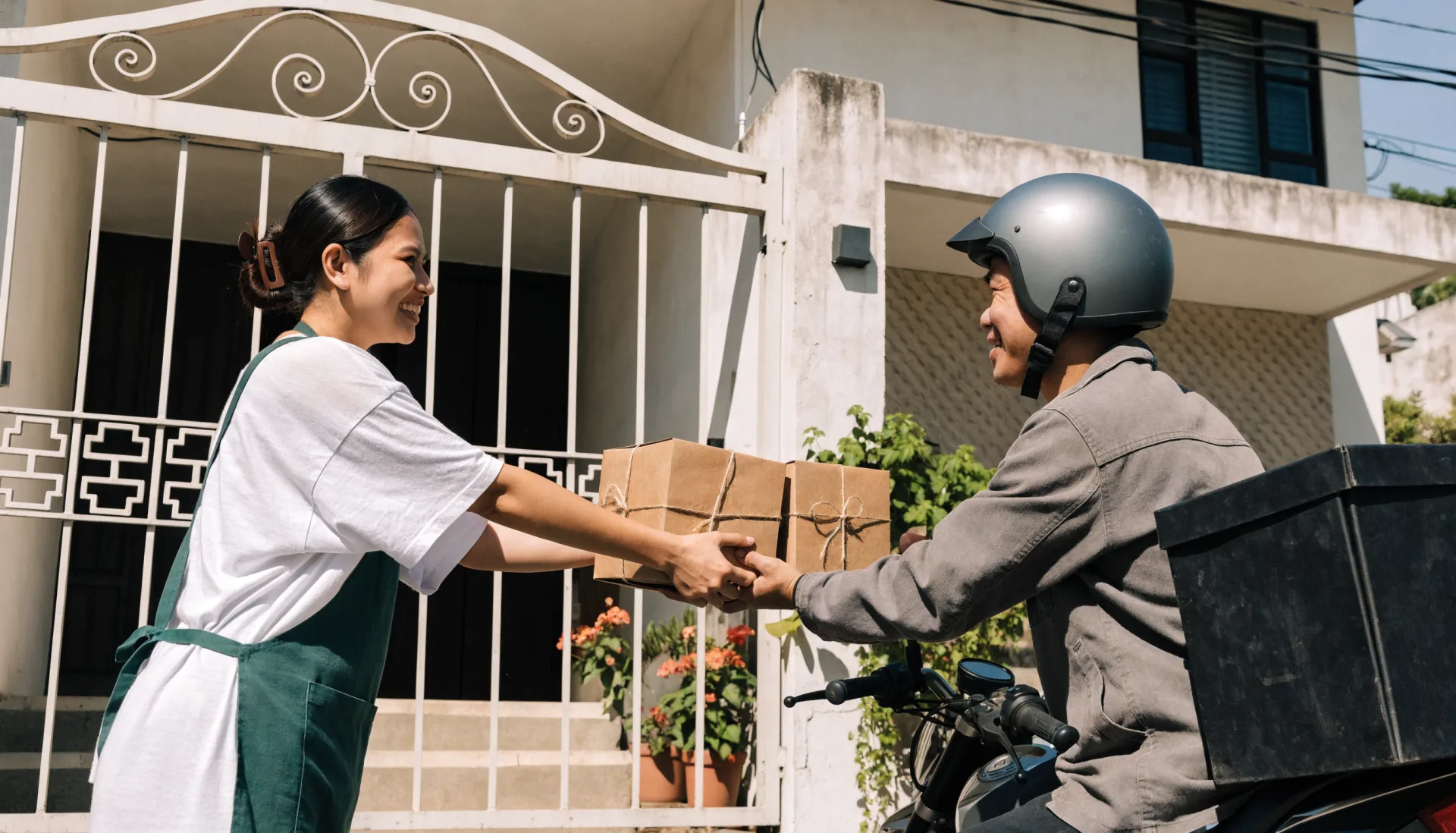 The seller hands two tied bags of orders over her front gate to a rider on a motorcycle.