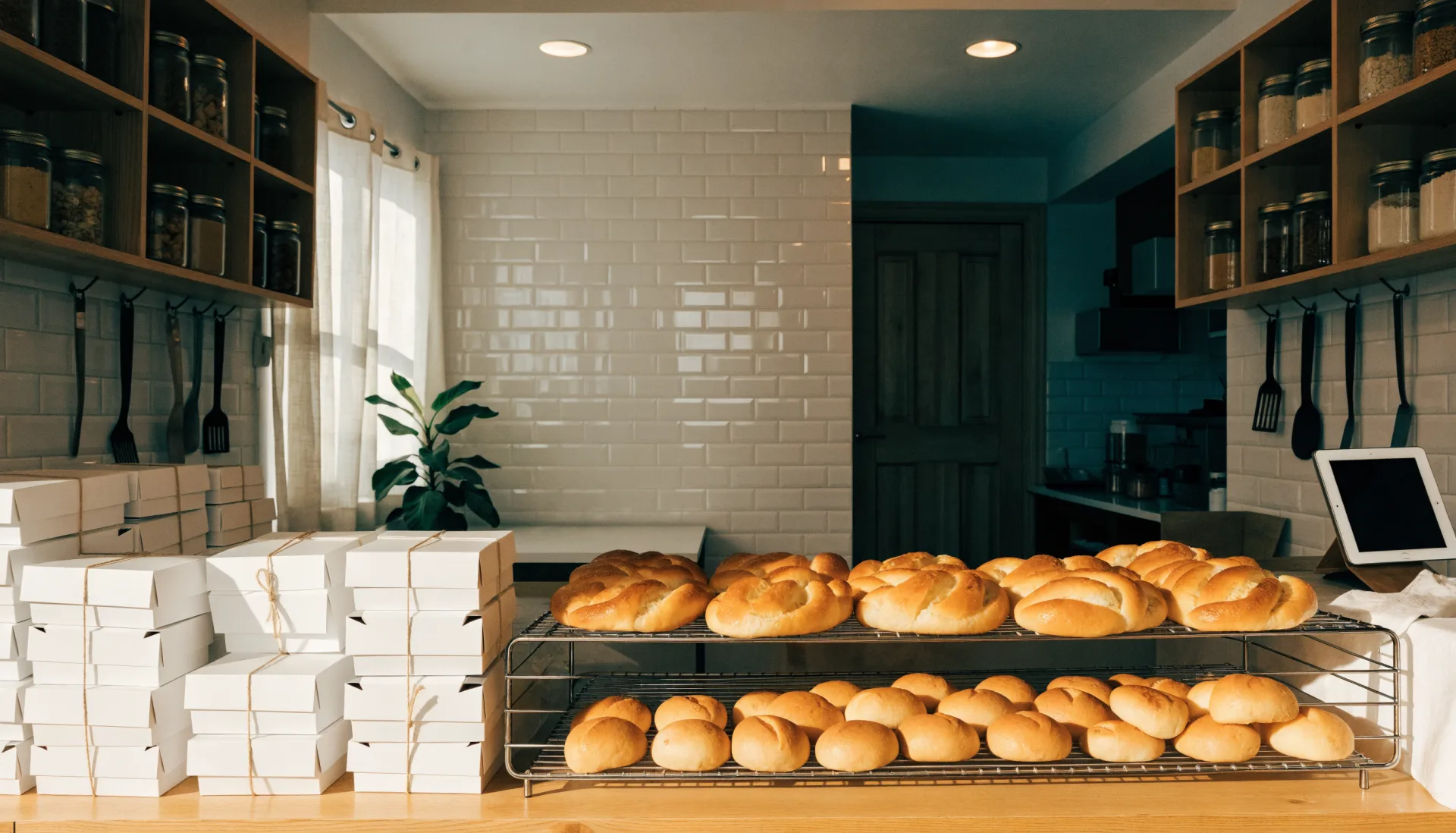 The bakery at rest early in the morning — racks of fresh ensaymada, pastry boxes tied and stacked, the tablet on the pickup counter.