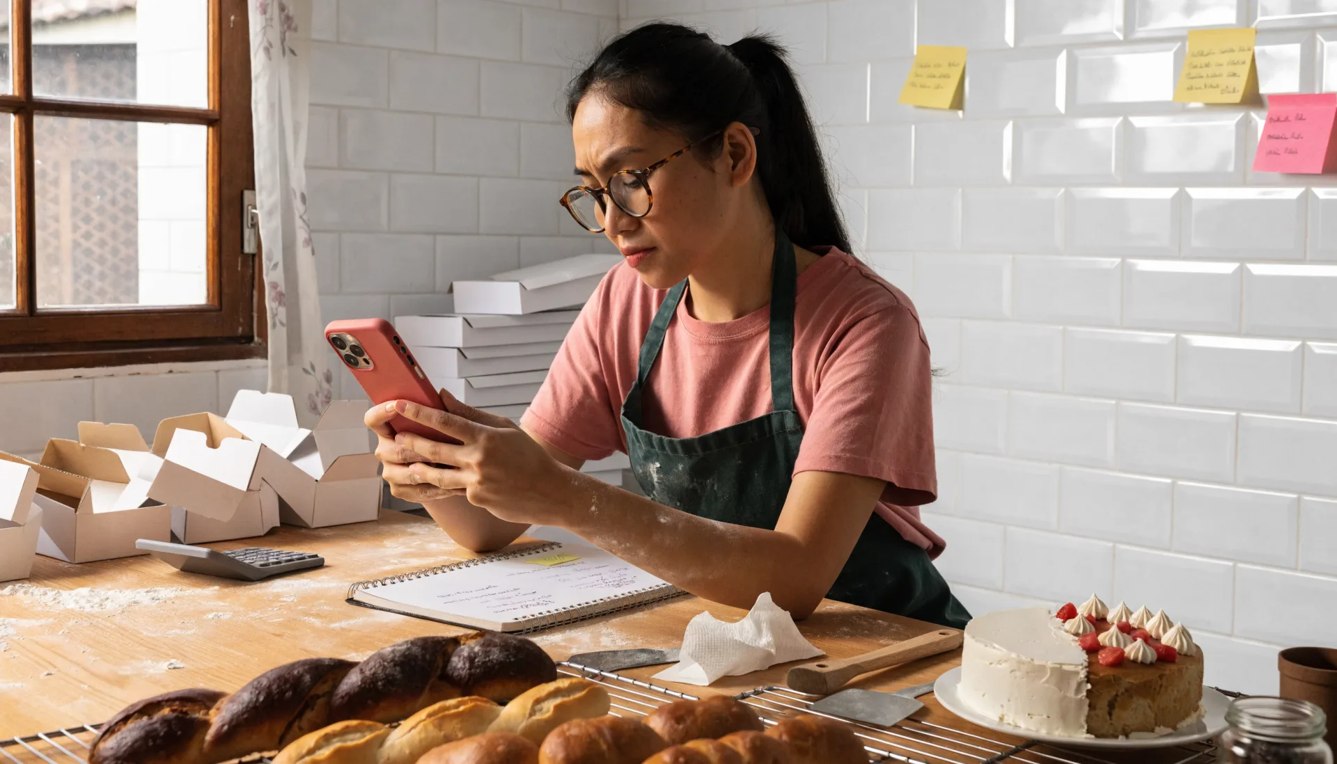 Pre-orders without a system — the baker checks a chat on her phone beside a notebook of handwritten orders, sticky notes on the wall and a half-decorated cake waiting.
