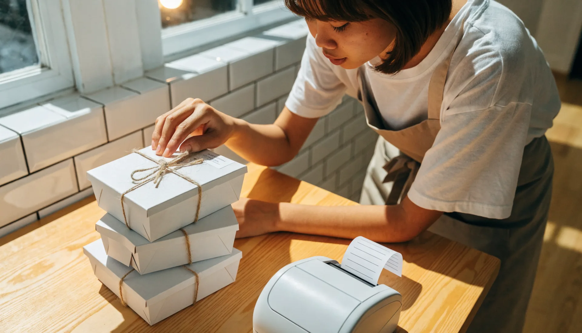 A helper presses a printed order tag onto a tied pastry box, the receipt printer beside a stack of three boxes ready for pickup.
