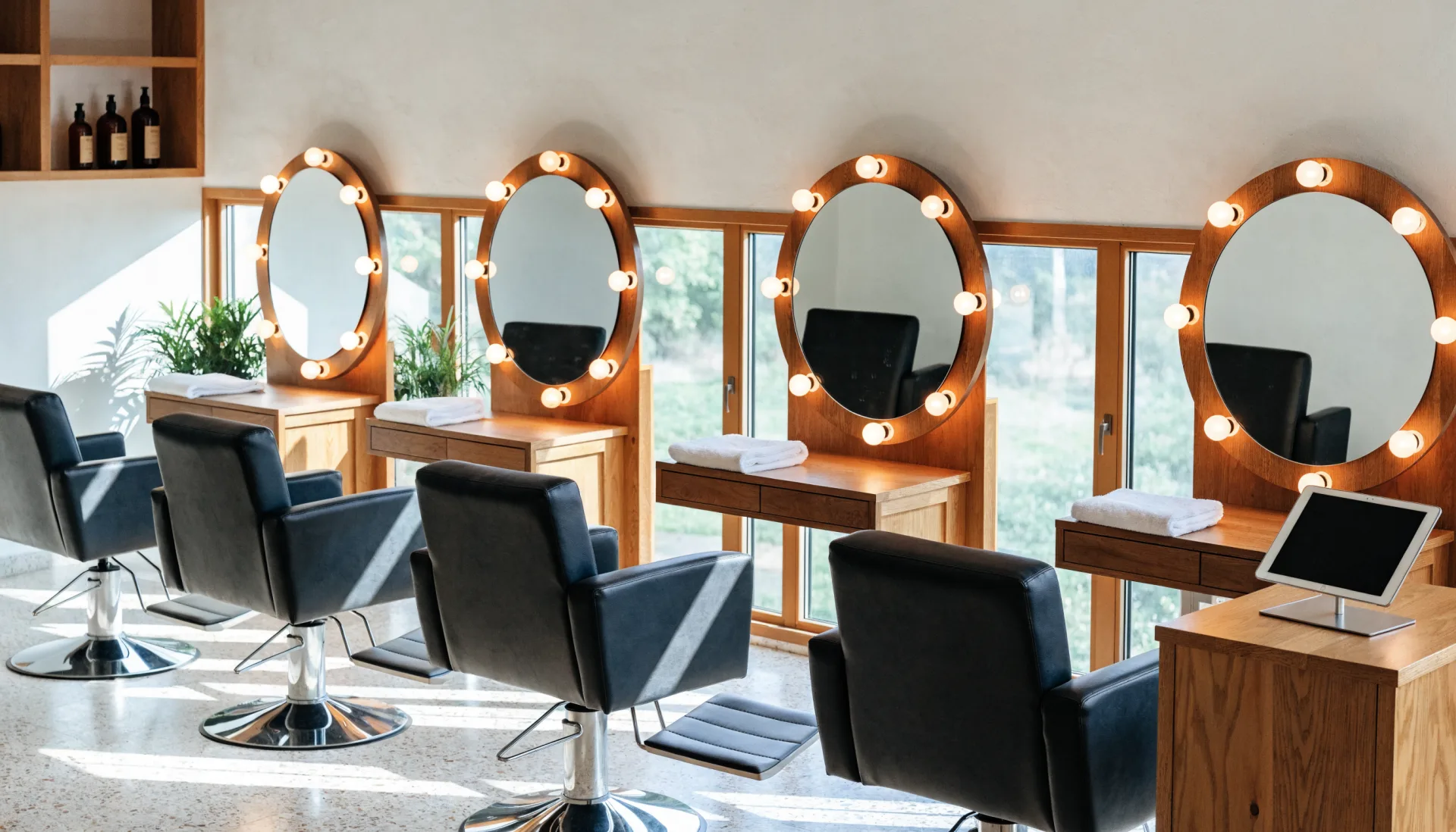 The salon at rest before opening — empty styling chairs, folded towels at each station, the tablet on the front desk.