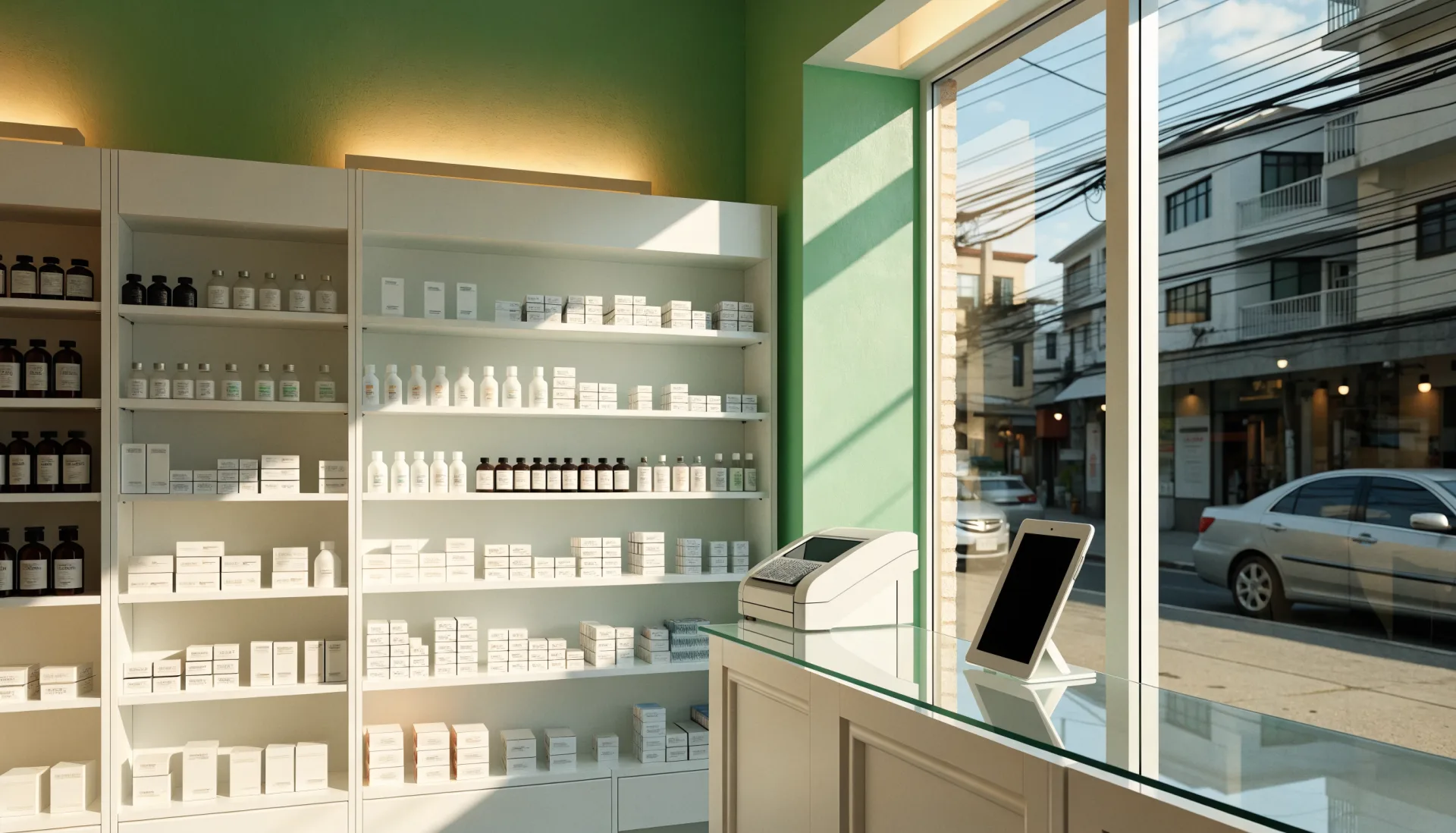 The pharmacy at rest before opening — neatly stocked shelves, the receipt printer and tablet on the counter, the street through the window.