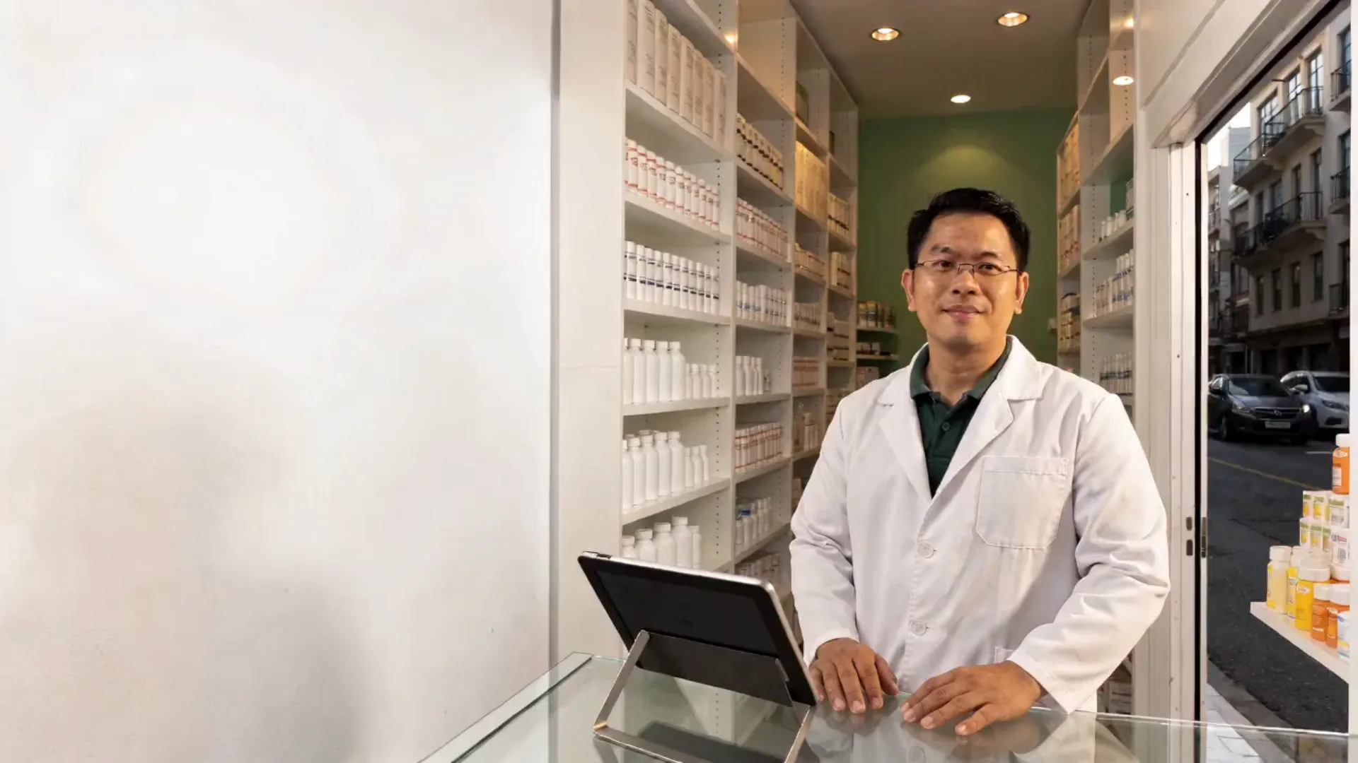 The pharmacist behind the glass counter of his neighborhood pharmacy, smiling, with shelves of medicine behind him.