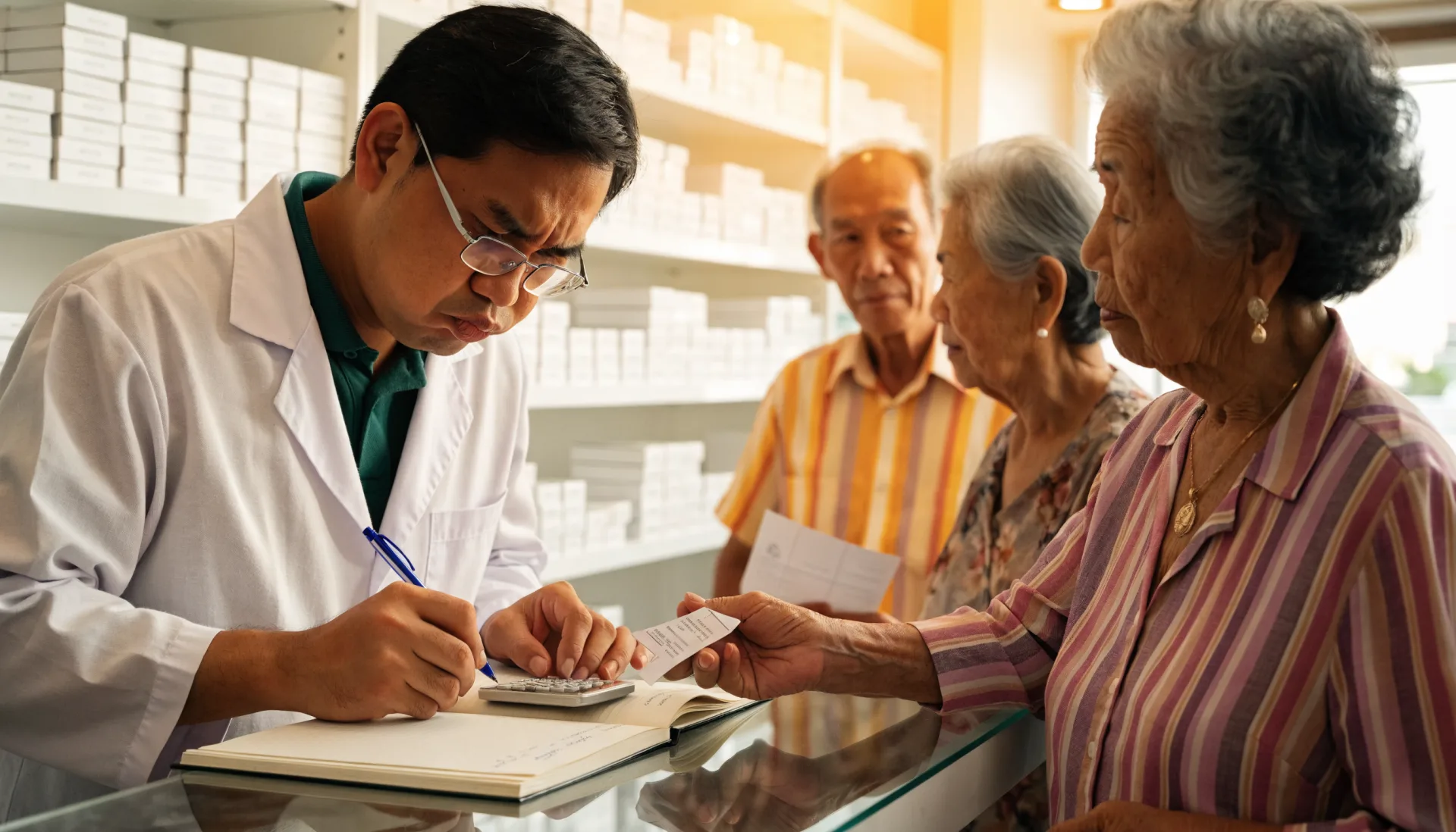 The morning queue without a system — the pharmacist works out a senior discount on a calculator and a handwritten ledger while elderly customers wait with their prescriptions.