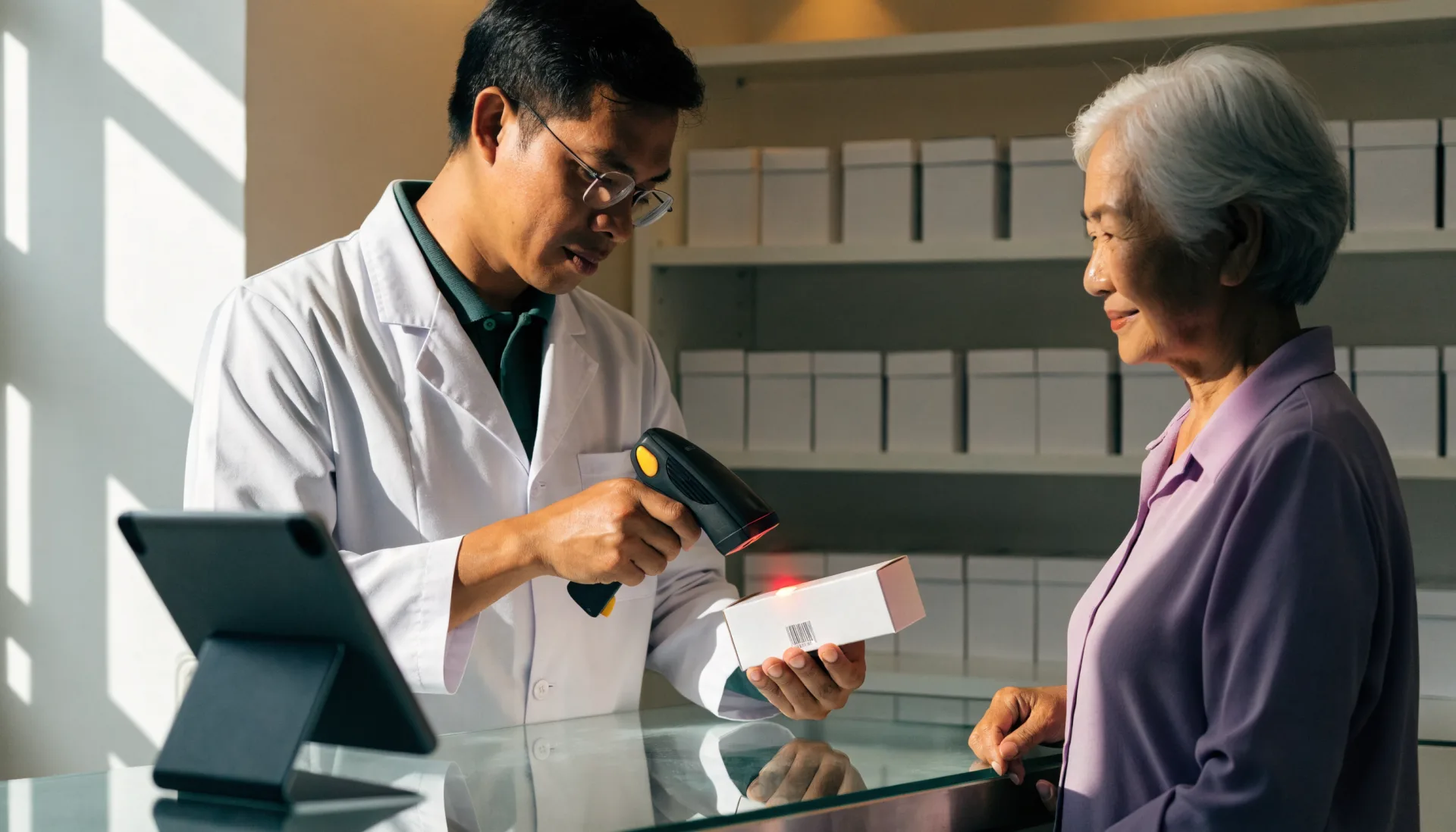 The pharmacist scans the barcode on a box of medicine with a handheld scanner while a senior customer waits at the counter.