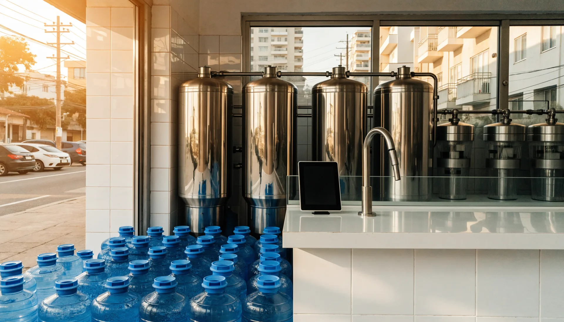 The refilling station at rest before opening — gleaming tanks, rows of clean containers, the tablet on the counter.