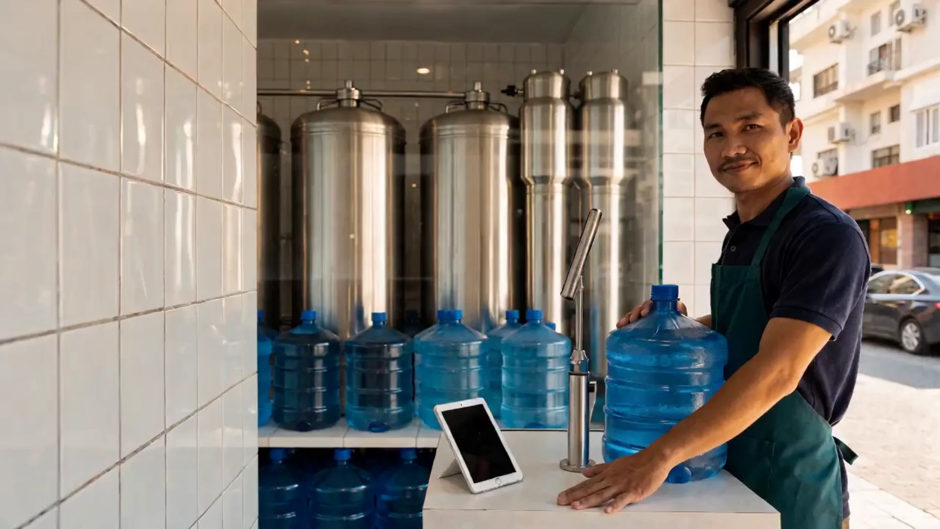 The owner at the counter of his water refilling station, smiling, a hand on a 5-gallon container, with the stainless purification tanks behind the glass.