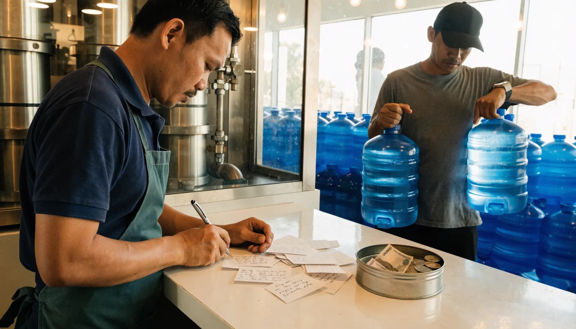 Deliveries without a system — the owner copies addresses onto paper slips beside a tin of cash while the rider waits with two containers and checks his watch.