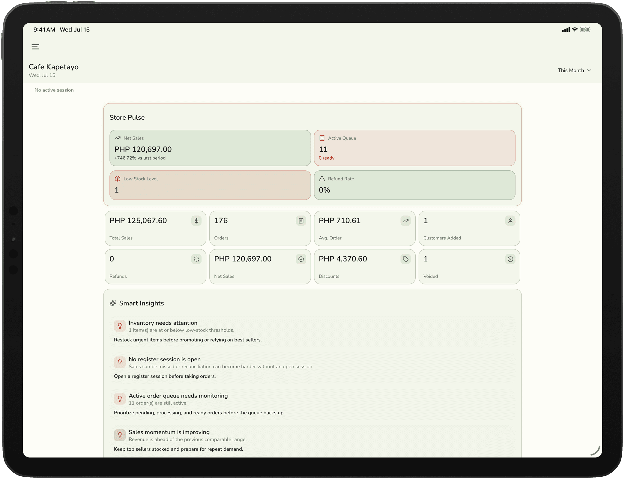Store Pulse shows today’s sales, active orders, and smart insights the moment you open the app.