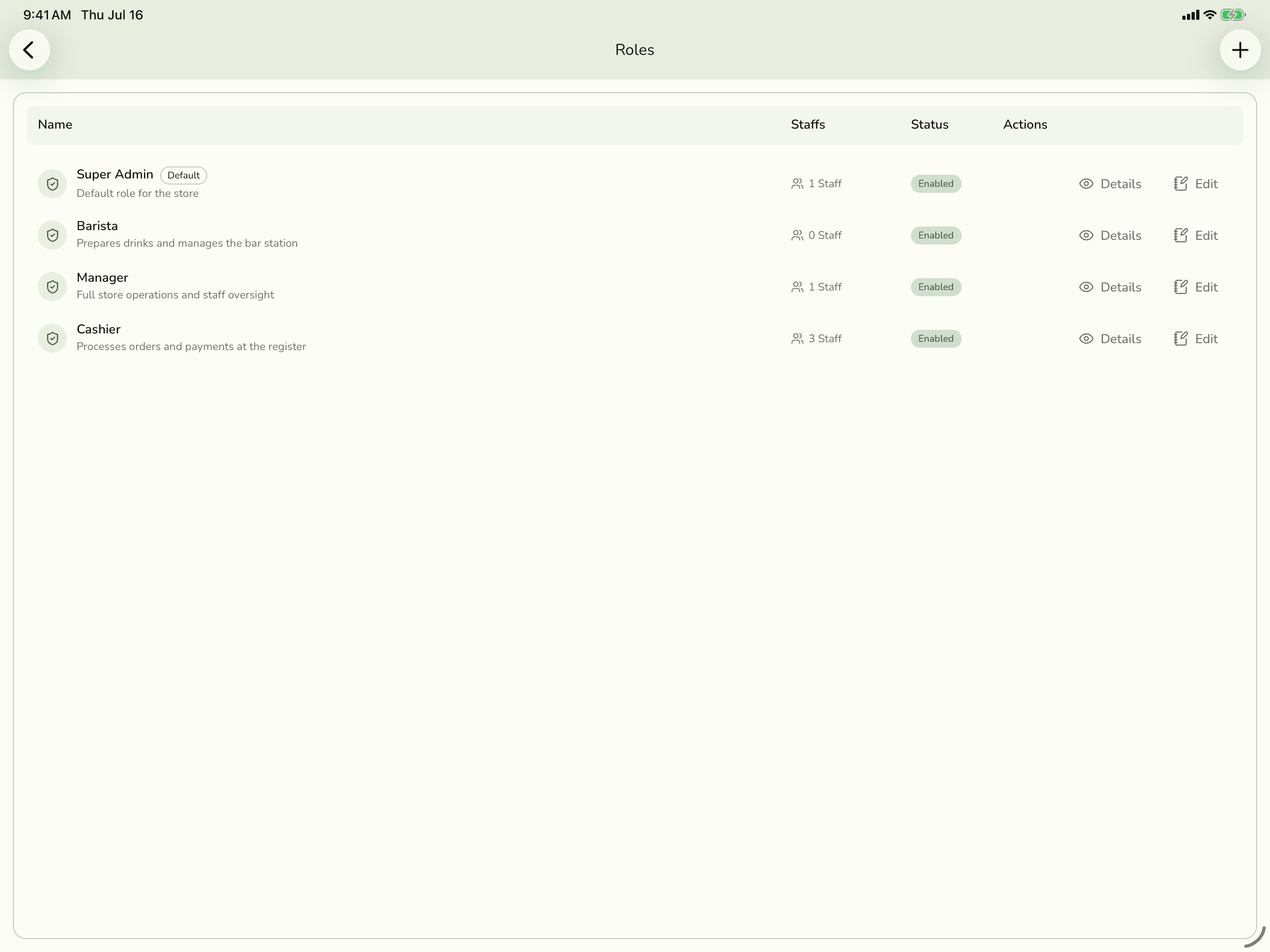 The Fuze Store staff roles and permissions screen