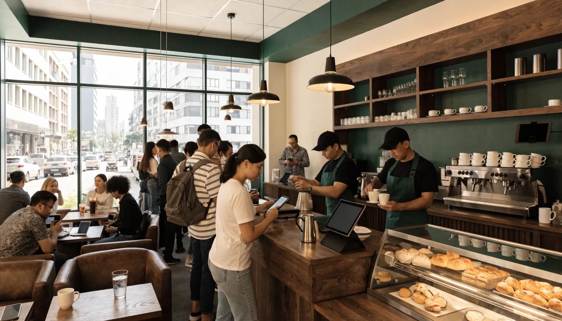 A busy morning seen from the door — a short line at the counter, two baristas at the bar, customers with laptops and iced drinks, a tablet at the register and another above the machine.