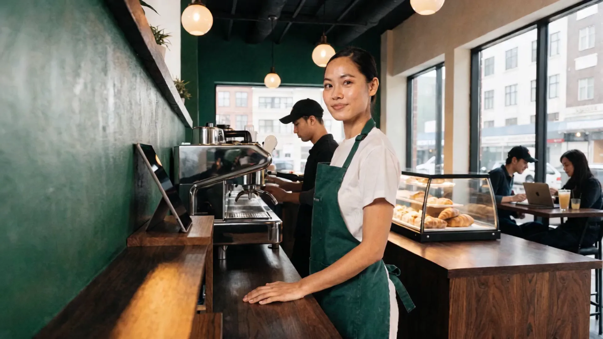 The owner at the espresso bar of her coffeehouse, calm and smiling, the barista working behind her and customers with laptops by the window.
