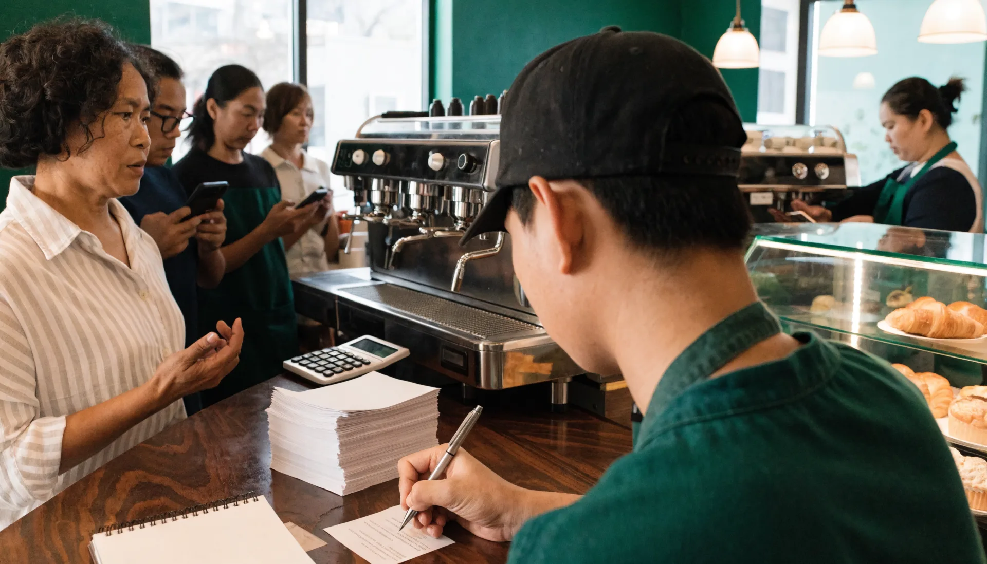 The morning rush without a system — the cashier writes a drink order on a paper slip beside a calculator and a stack of earlier slips while a regular explains her usual and the line waits.
