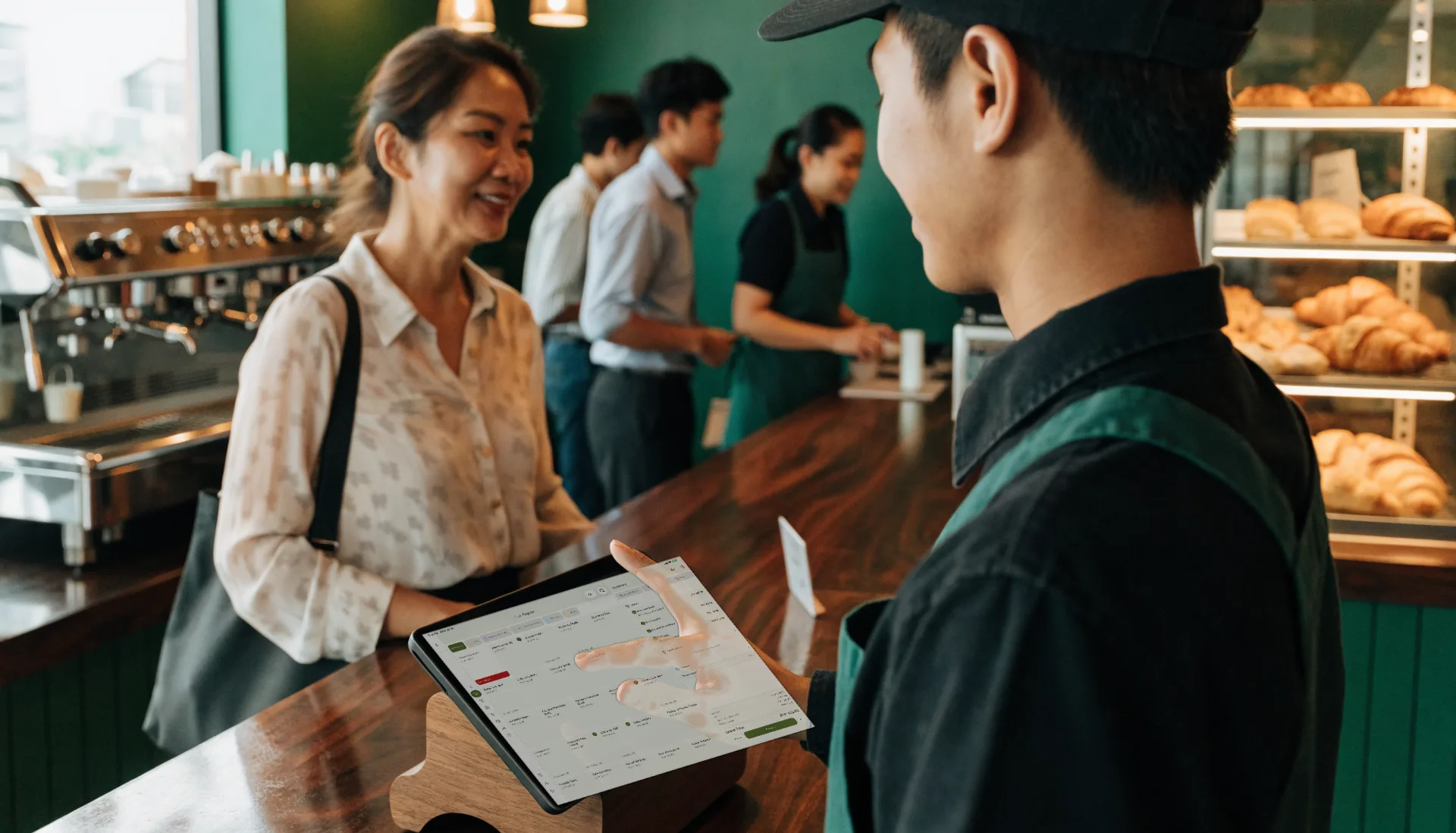 The cashier taps a drink with its size option into the Fuze Store register on the counter tablet while the regular smiles and the line steps forward.