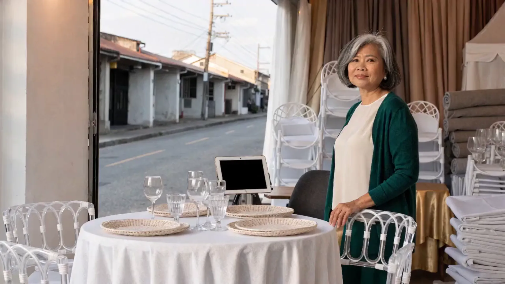 The owner of an events rental showroom beside a styled table, smiling, with stacked white chairs, drapes and a tent behind her.