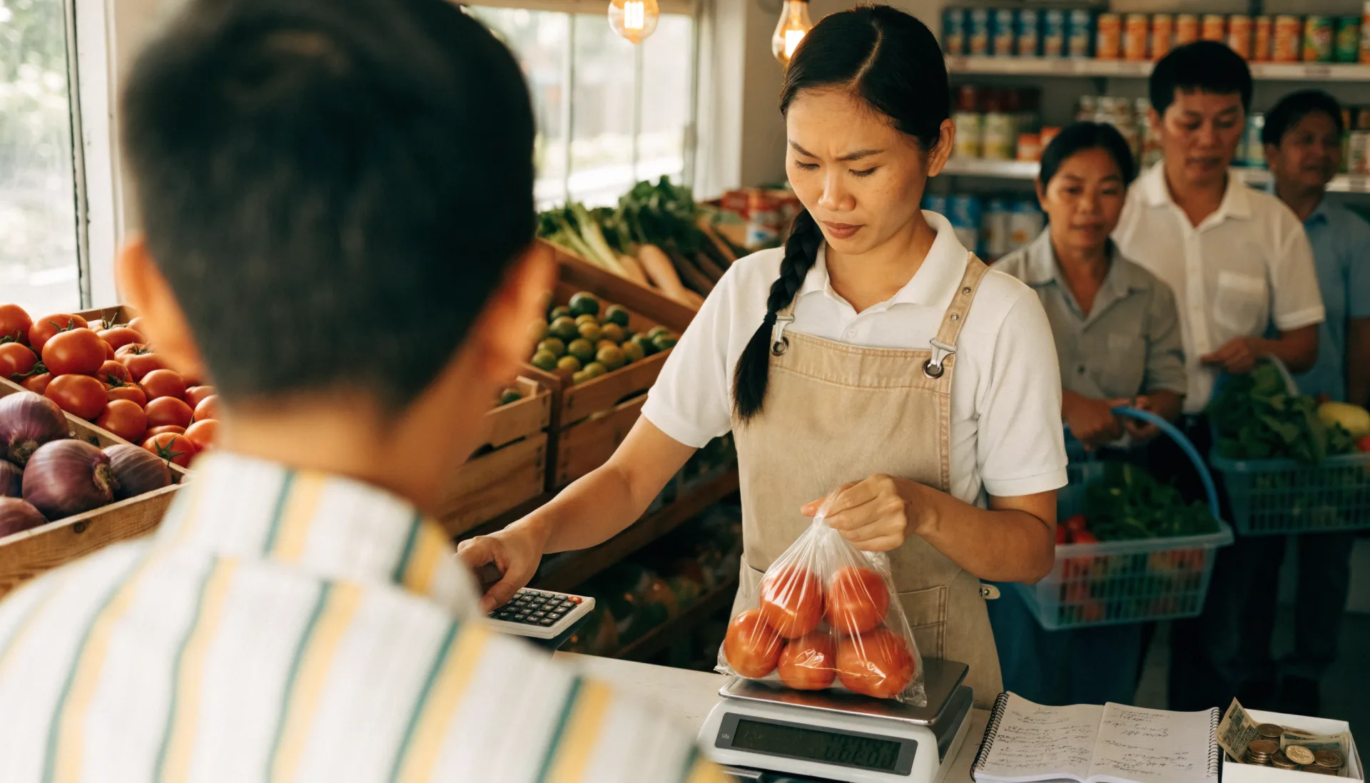 The morning rush without a system — the cashier weighs tomatoes and works the total on a calculator beside a notebook of handwritten tabs while customers wait with their baskets.