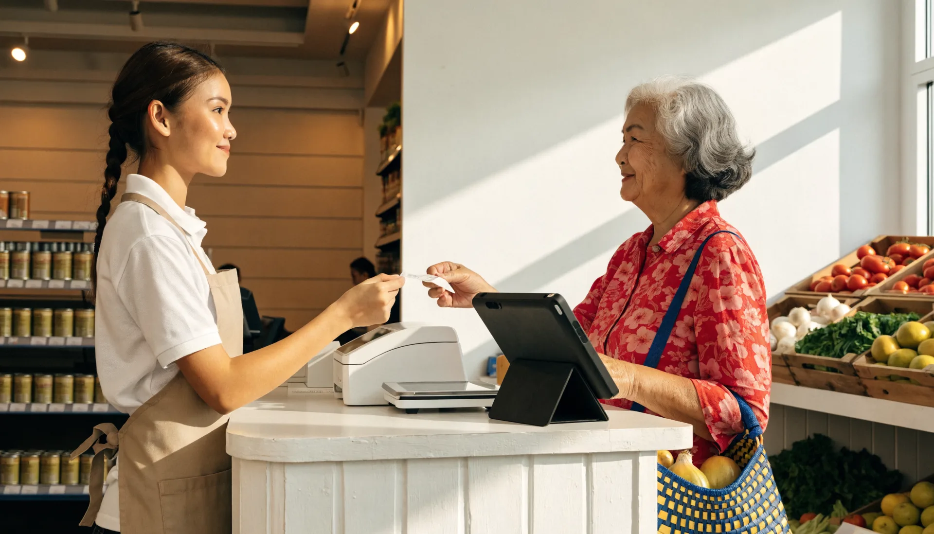 The cashier hands a printed receipt to a smiling regular holding her bayong of vegetables at the grocery counter.