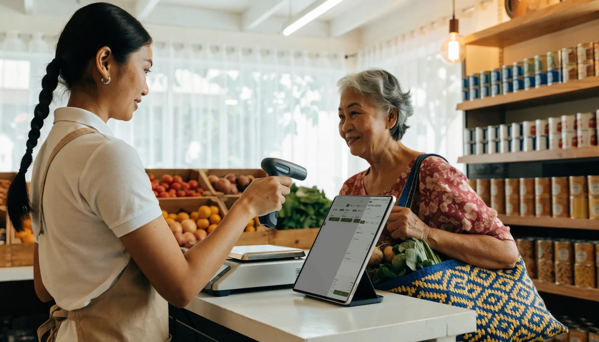 The cashier scans an item at the counter, the order on the Fuze Store tablet turned toward a regular unpacking vegetables from her bayong.