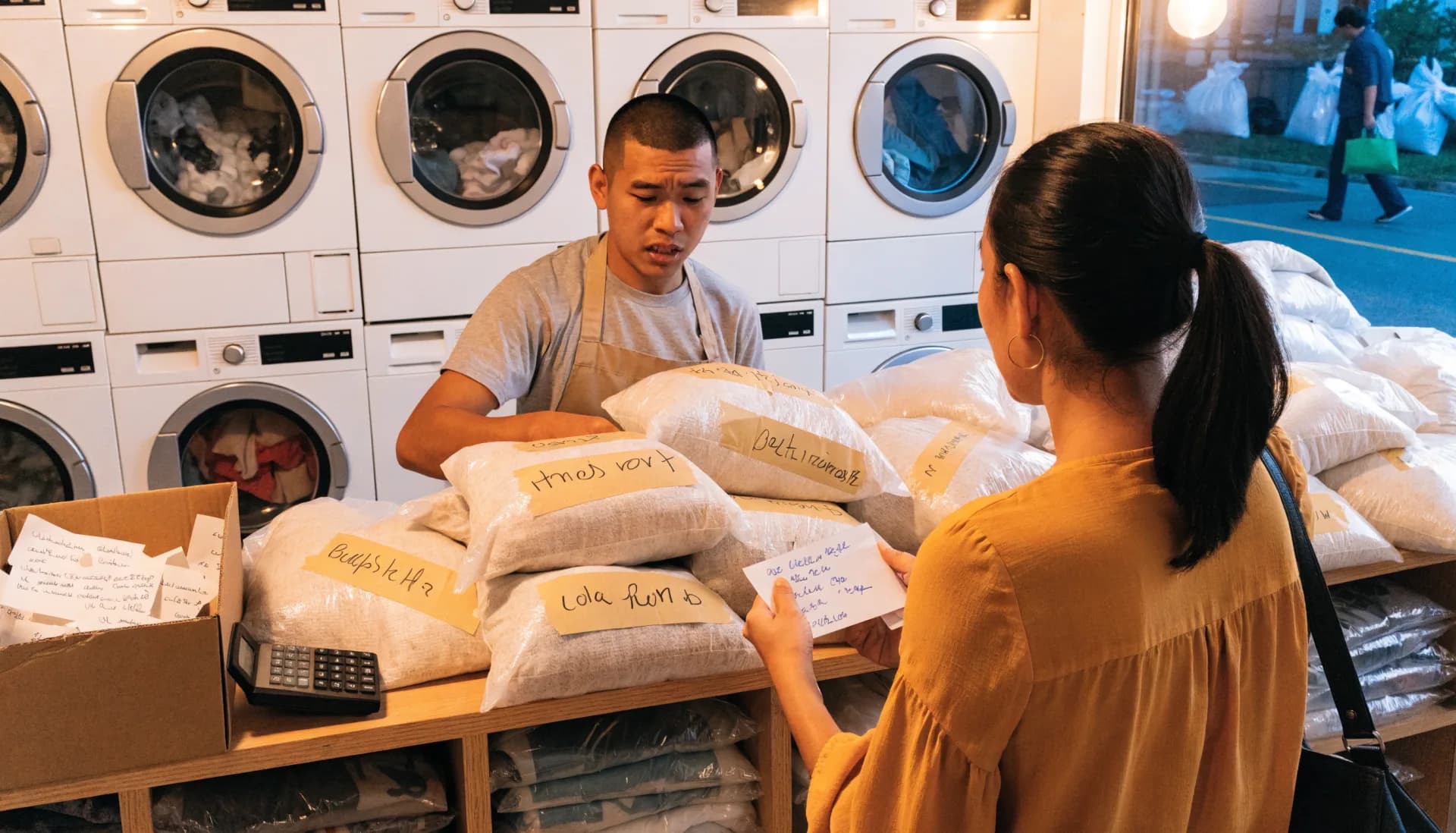 Pickup without a system — the attendant digs through bags marked with masking-tape names beside a box of crumpled handwritten stubs while a customer holds out hers and waits.