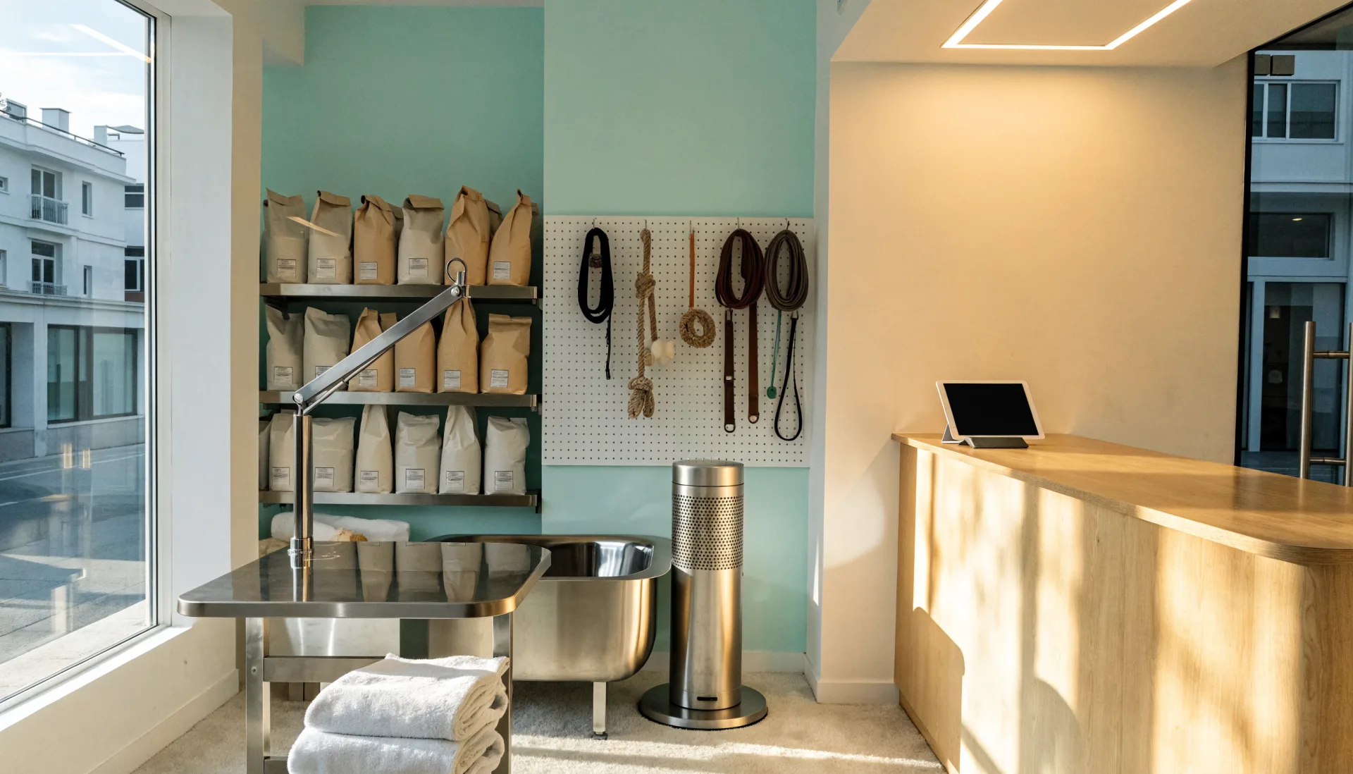 The pet shop at rest before opening — a clean grooming table and tub, pet food and leashes on the wall, the tablet on the counter.