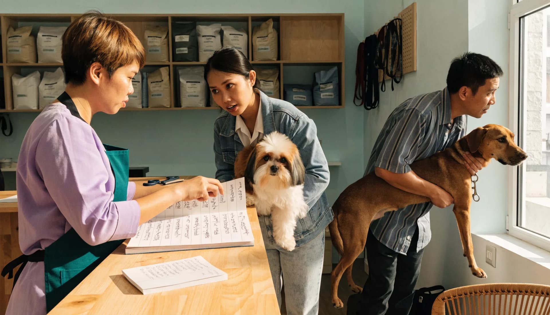 Grooming without a system — the groomer checks a handwritten appointment book while two owners with their dogs arrive for the same slot.