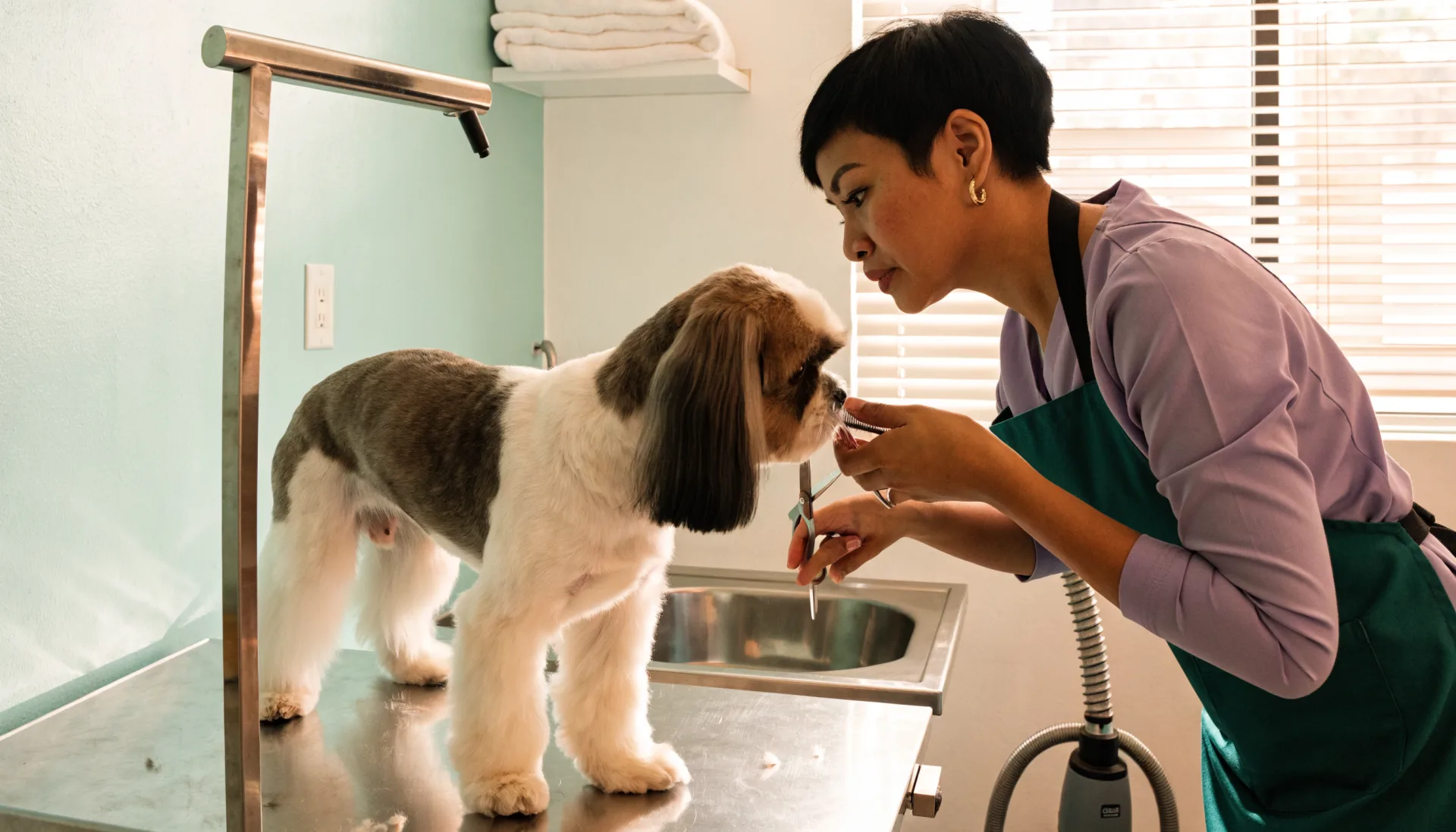The groomer trims around a shih tzu’s face on the grooming table, a stand dryer and tub beside them.