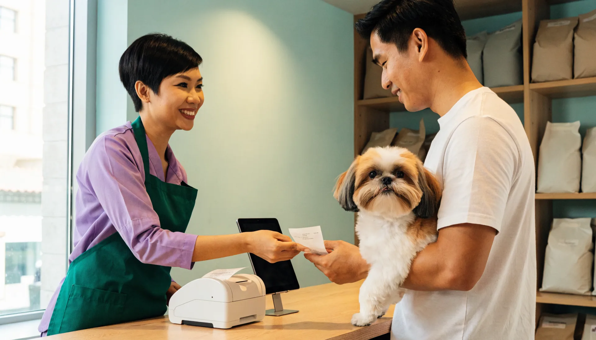 At pickup the groomer hands an owner holding his freshly groomed shih tzu a printed receipt across the counter.