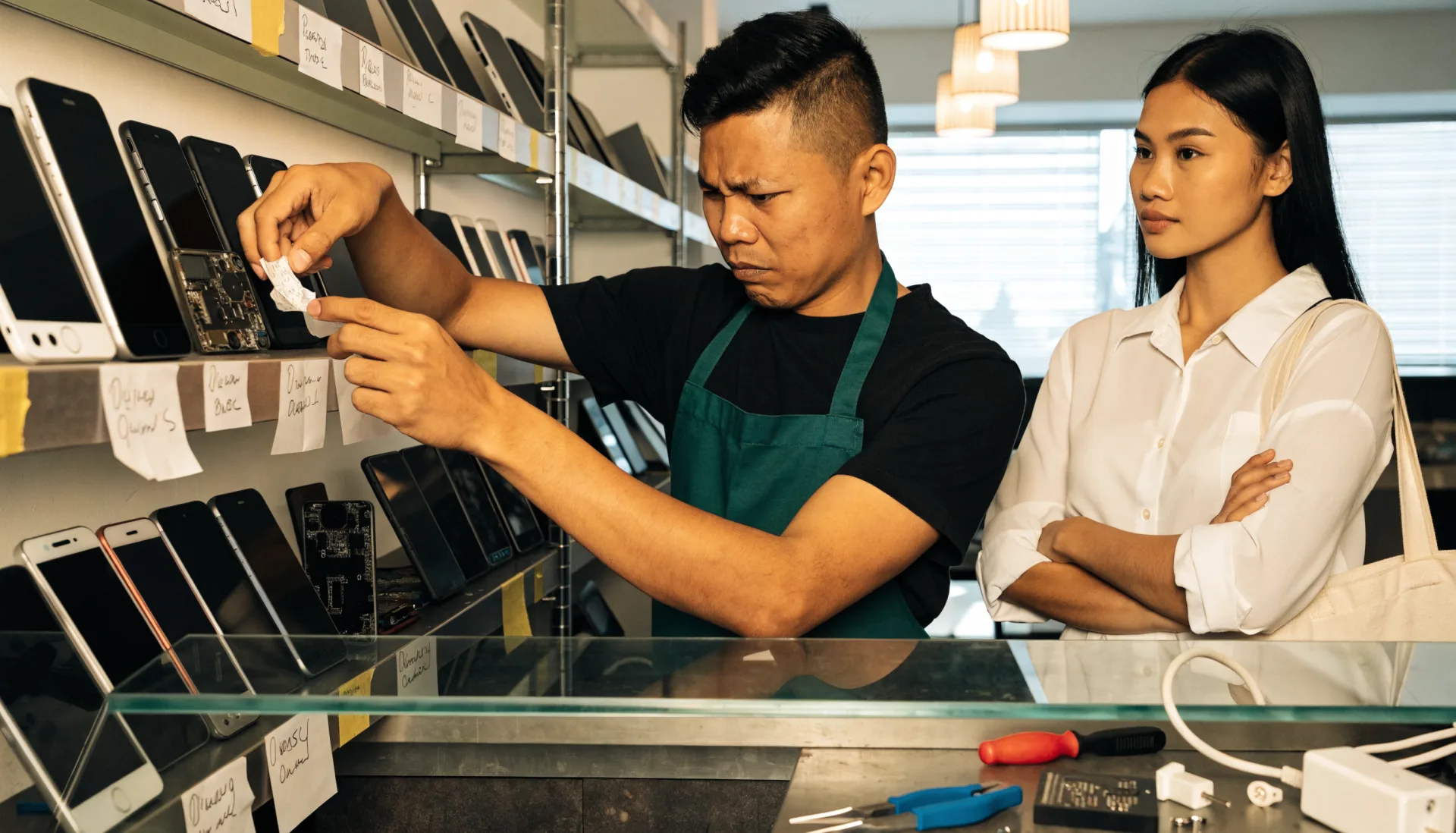 Repairs without a system — the technician hunts through a shelf of phones marked with masking tape and handwritten tags while a customer waits with her arms crossed.