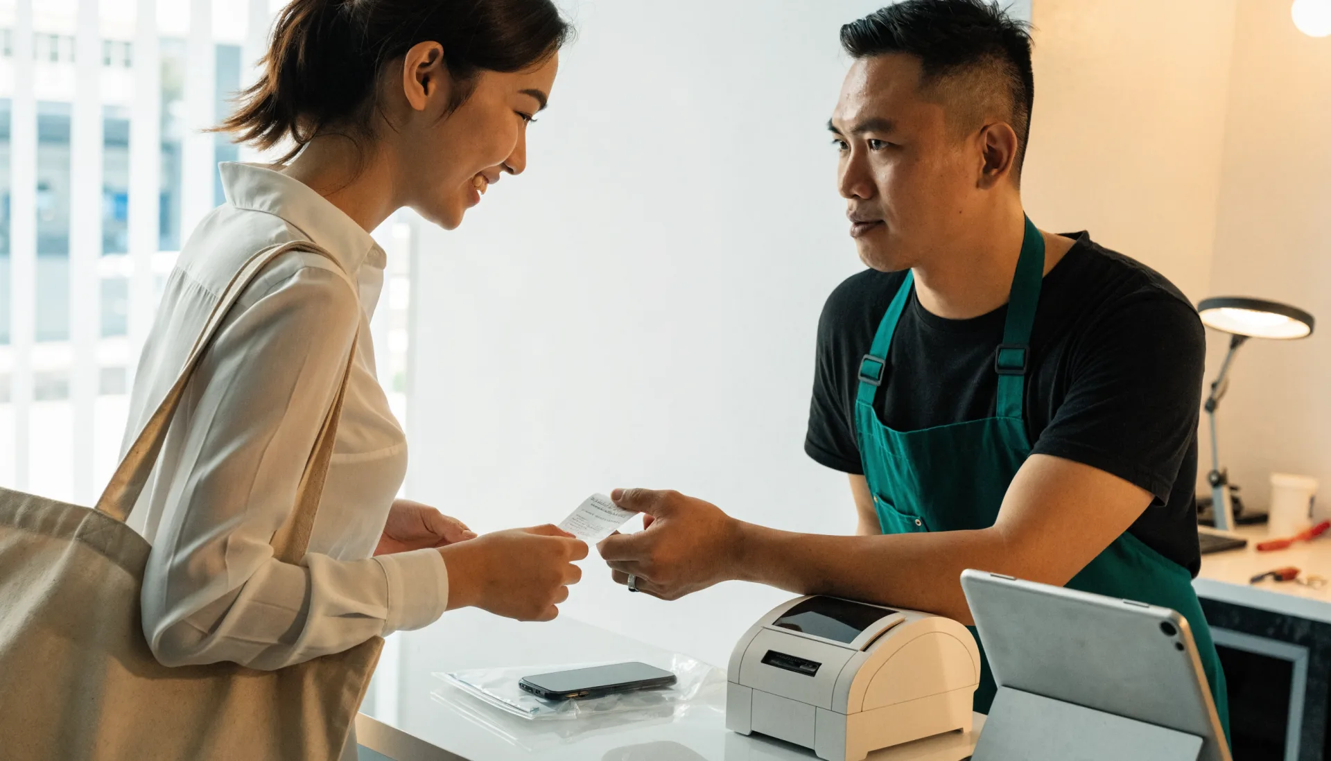 The technician hands a customer her printed claim receipt across the counter, her phone bagged beside the receipt printer.