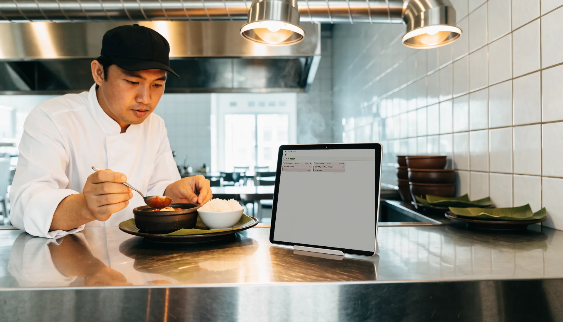 The cook plates sinigang and rice at the kitchen pass beside the kitchen display tablet, where the open orders are listed as tickets.