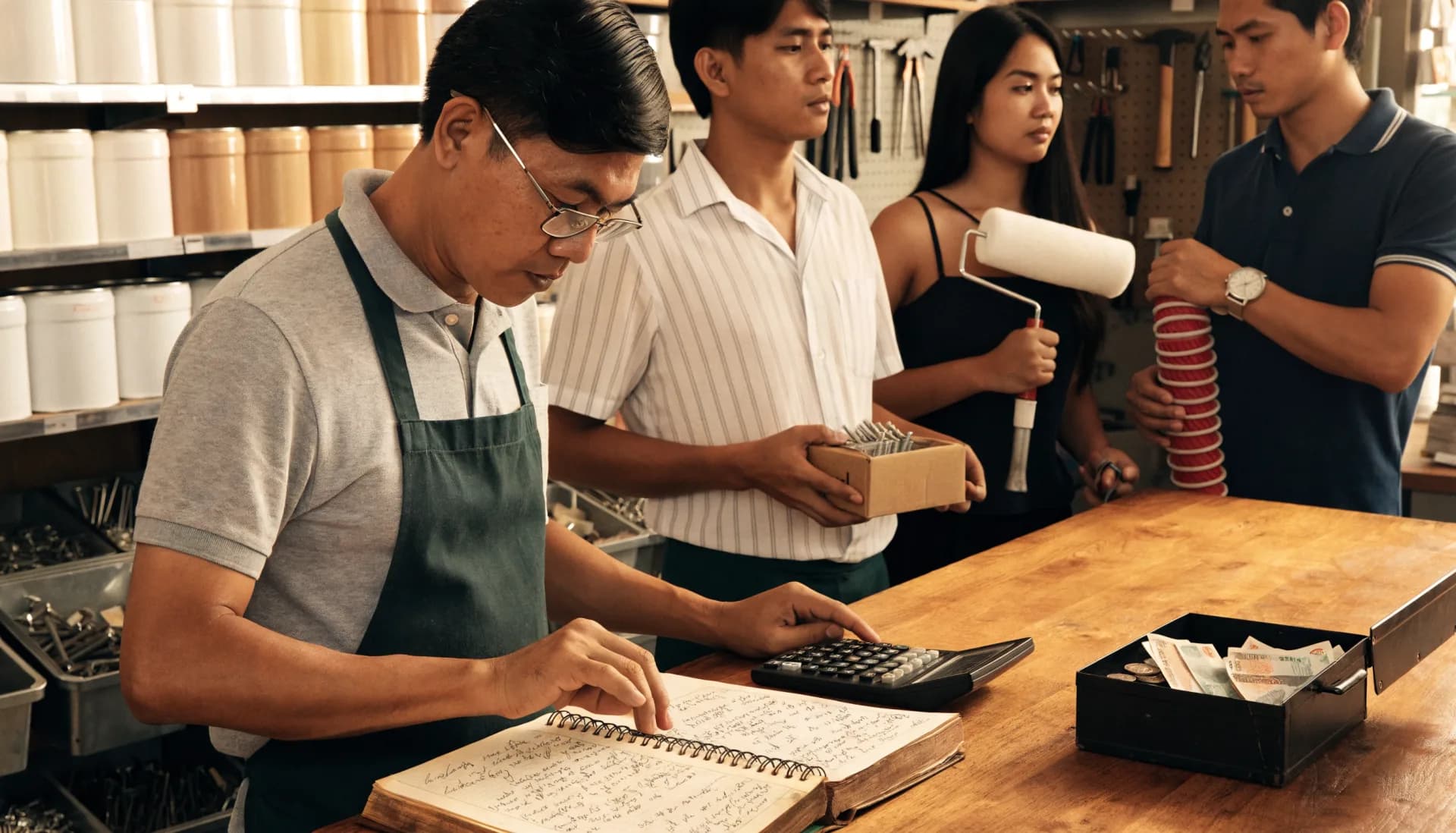 The lunchtime rush without a system — the owner looks up prices in a handwritten notebook and works the total on a calculator while three customers wait with their items.