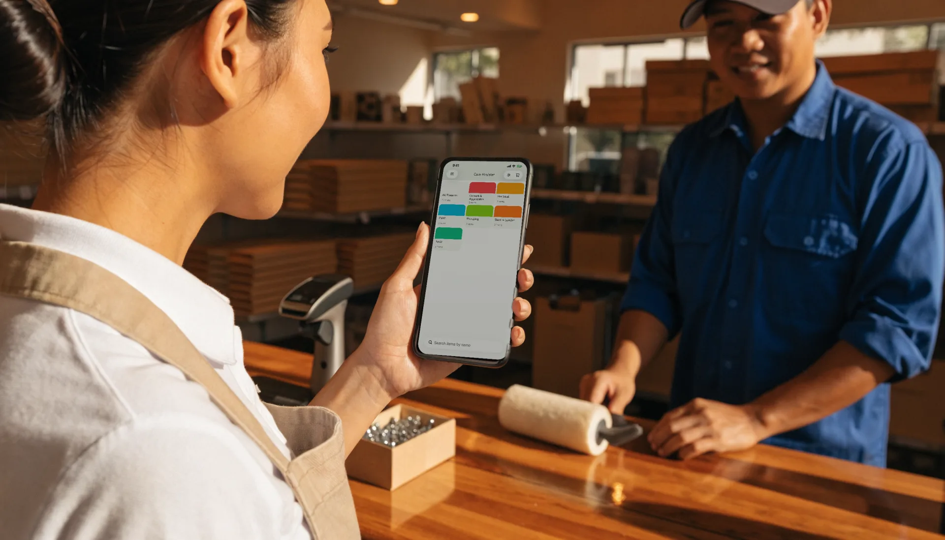The cashier rings up a contractor’s items on the Fuze Store register on her phone, the store’s product categories on screen and a barcode scanner on the counter.