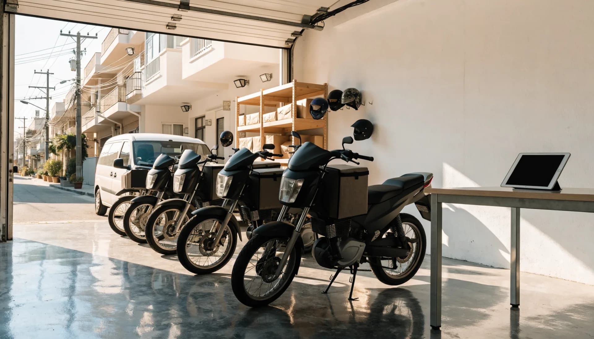 The garage at rest before dispatch — motorcycles lined up with their delivery boxes, parcels on the shelves, the tablet on the desk.