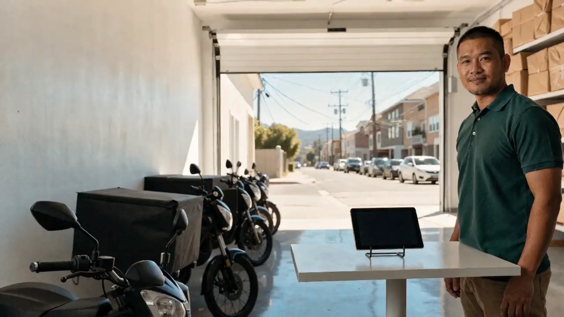 The owner of a small delivery business in his garage, smiling, beside the dispatch desk with the riders’ motorcycles lined up.
