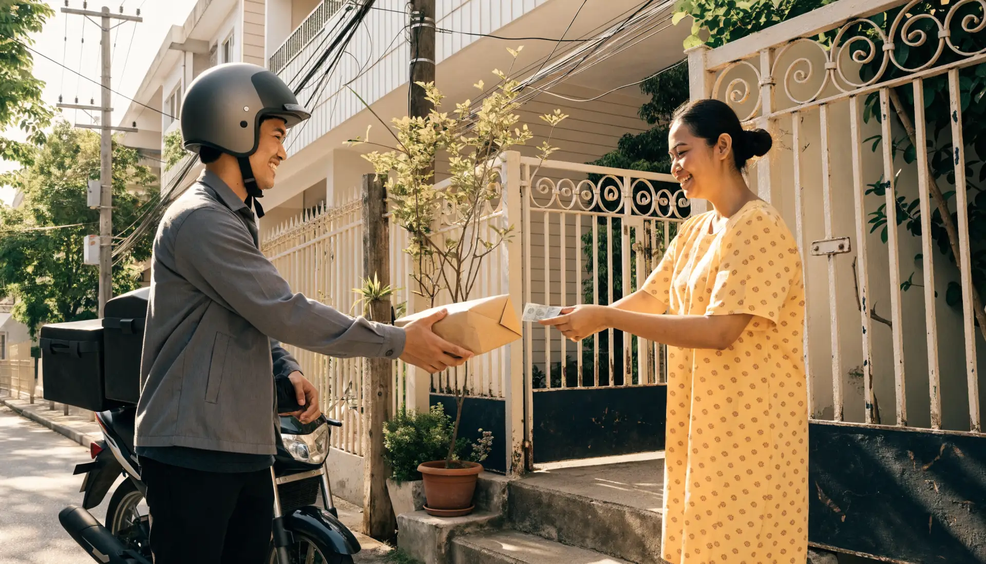 At her gate a customer hands the rider cash as he delivers her parcel, his motorcycle parked behind him.