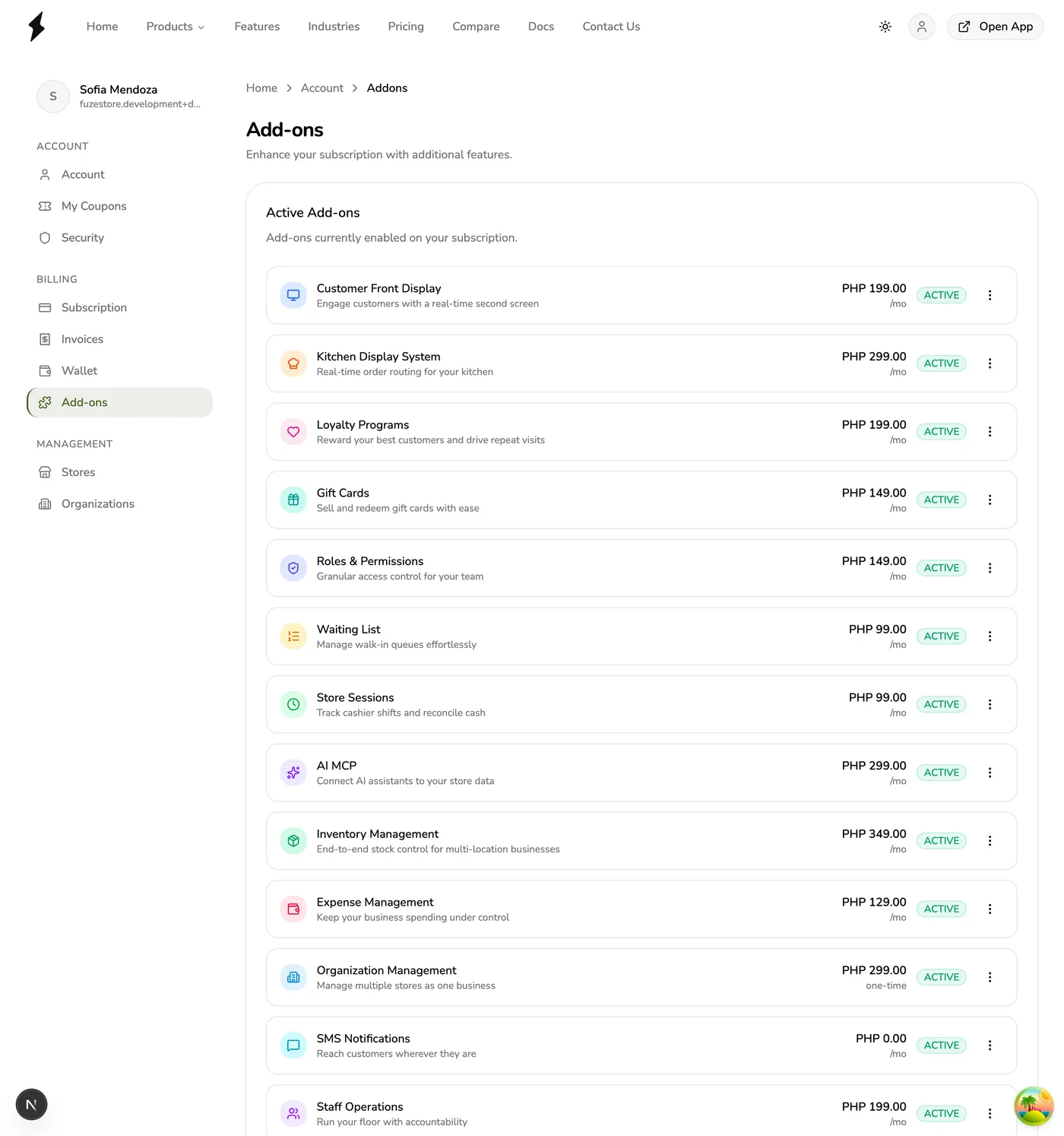 The Add-ons page in Fuze Store listing every active add-on on the subscription with its price and status