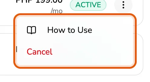The row actions menu on an active add-on, showing How to Use and Cancel